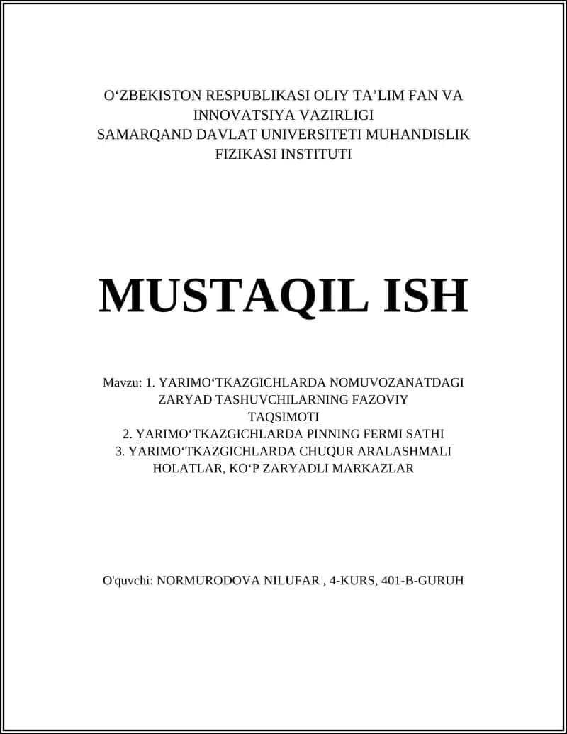 YARIMOʻTKAZGICHLARDA NOMUVOZANATDAGI ZARYAD TASHUVCHILARNING FAZOVIY TAQSIMOTI