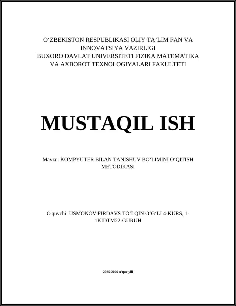 KOMPYUTER BILAN TANISHUV BOʻLIMINI OʻQITISH METODIKASI