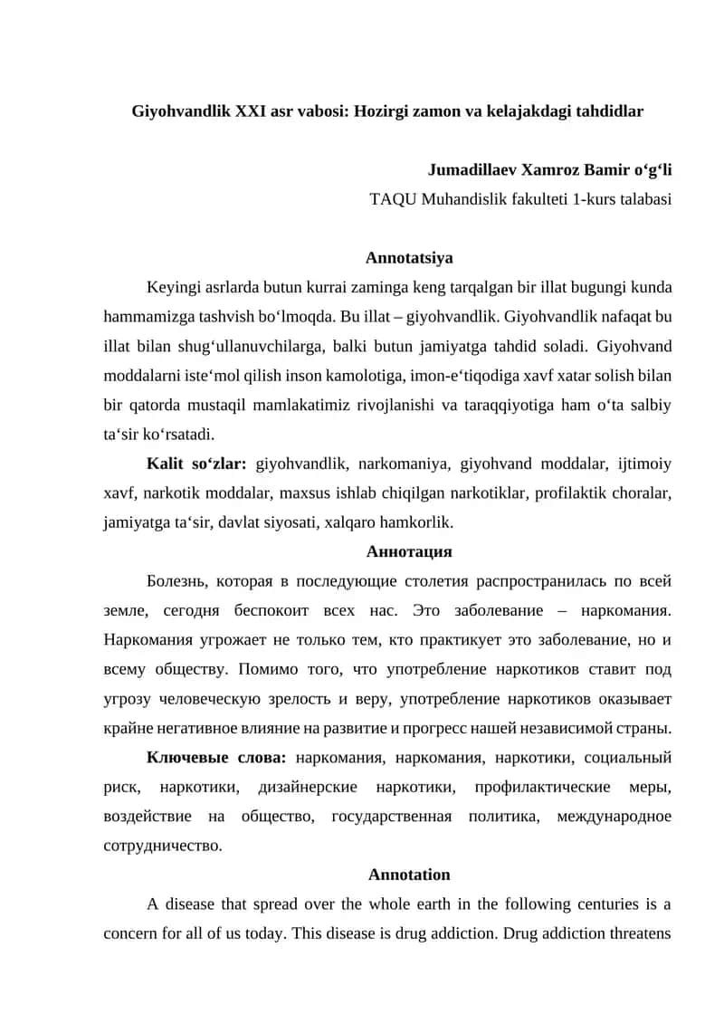 Giyohvandlik XXI asr vabosi: Hozirgi zamon va kelajakdagi tahdidlar