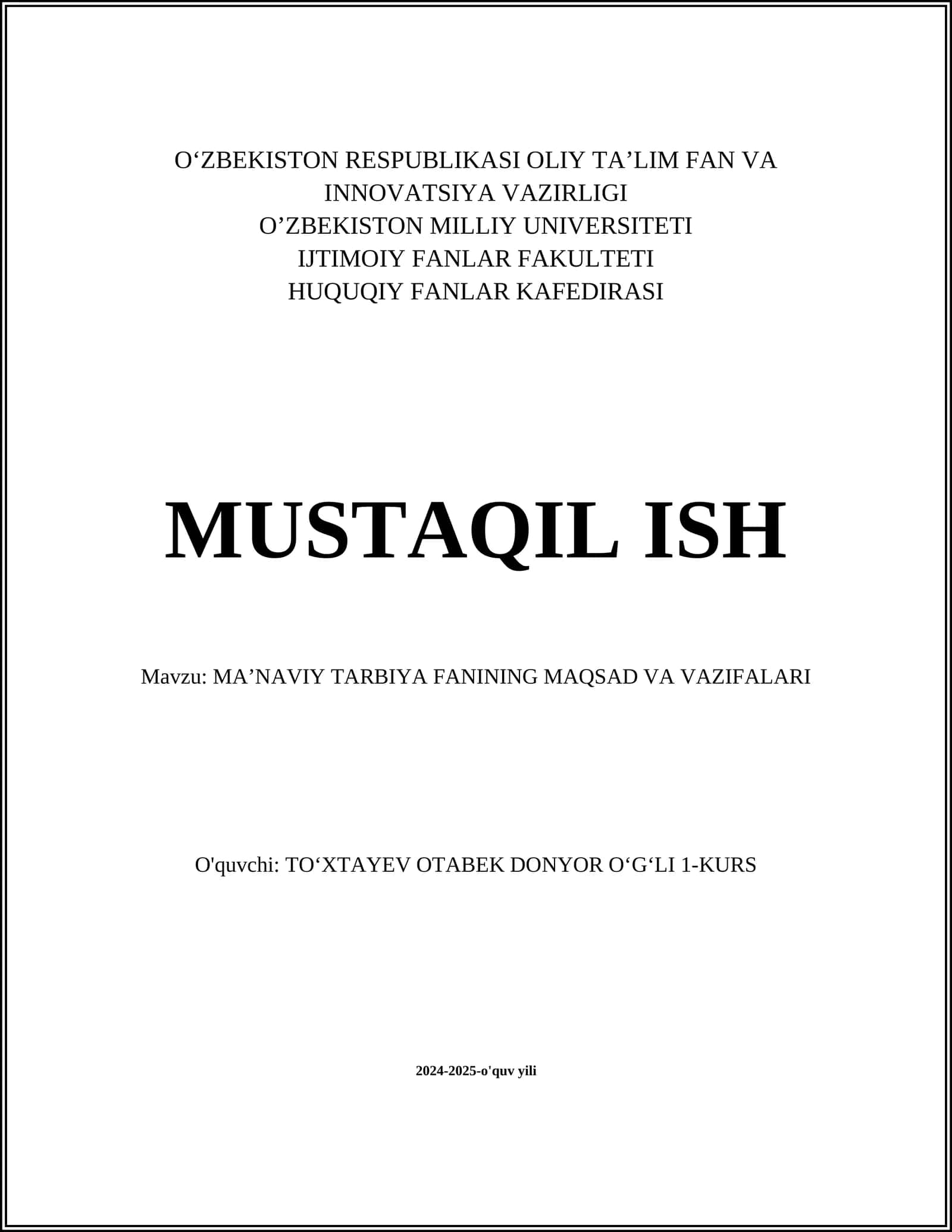MA’NAVIY TARBIYA FANINING MAQSAD VA VAZIFALARI