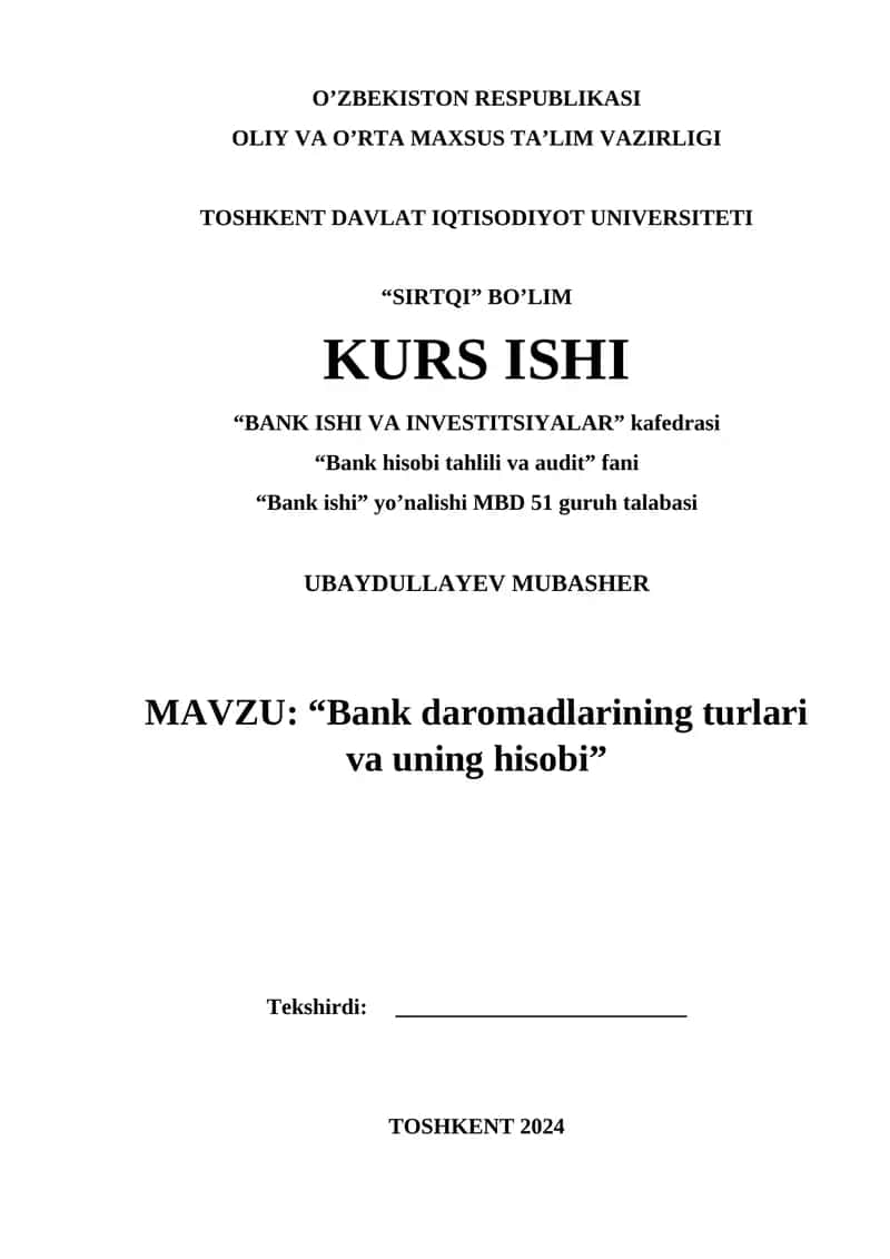 Bank daromadlarining turlari va uning hisobi