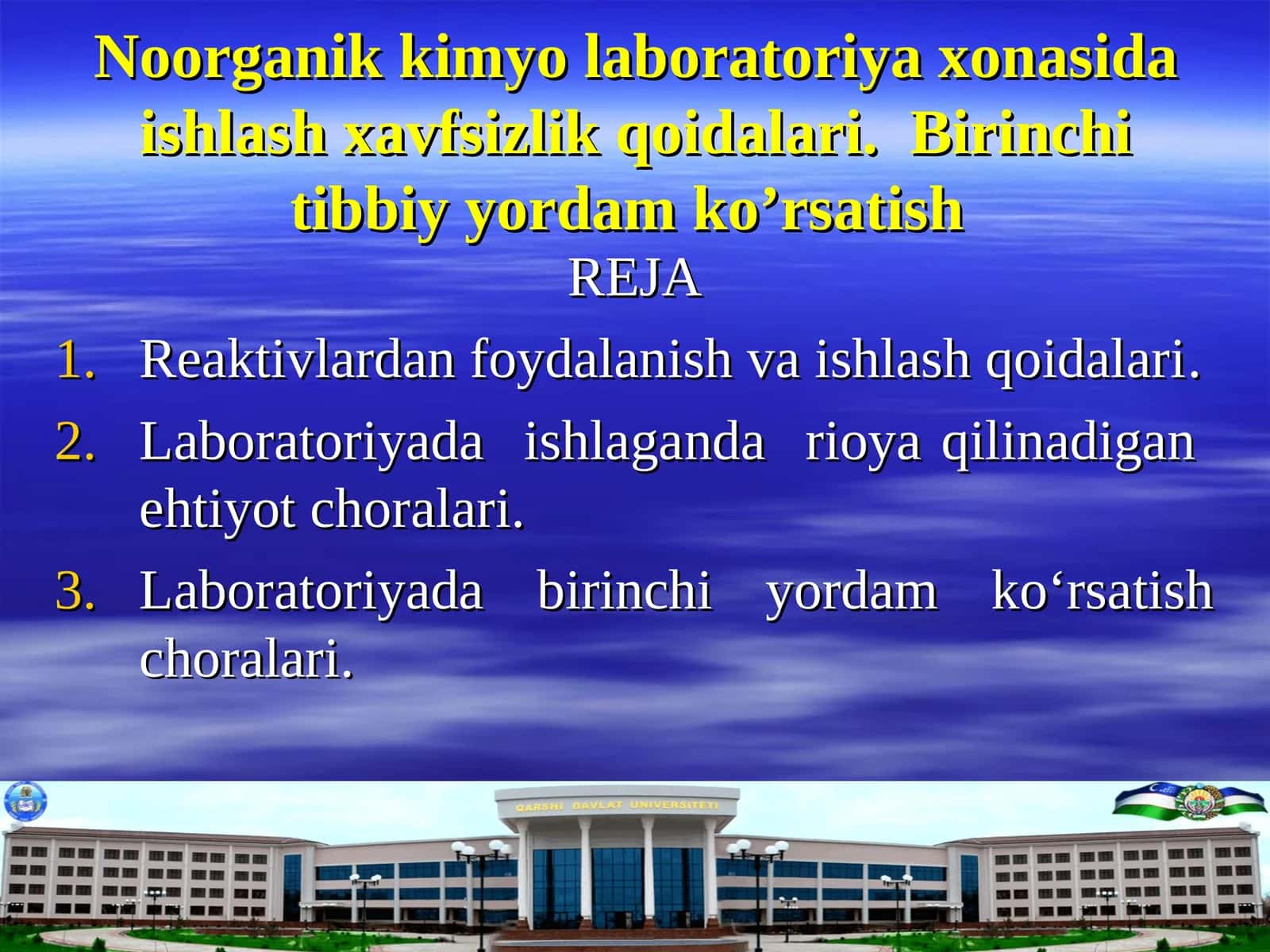 Noorganik kimyo laboratoriya xonasida ishlash xavfsizlik qoidalari.