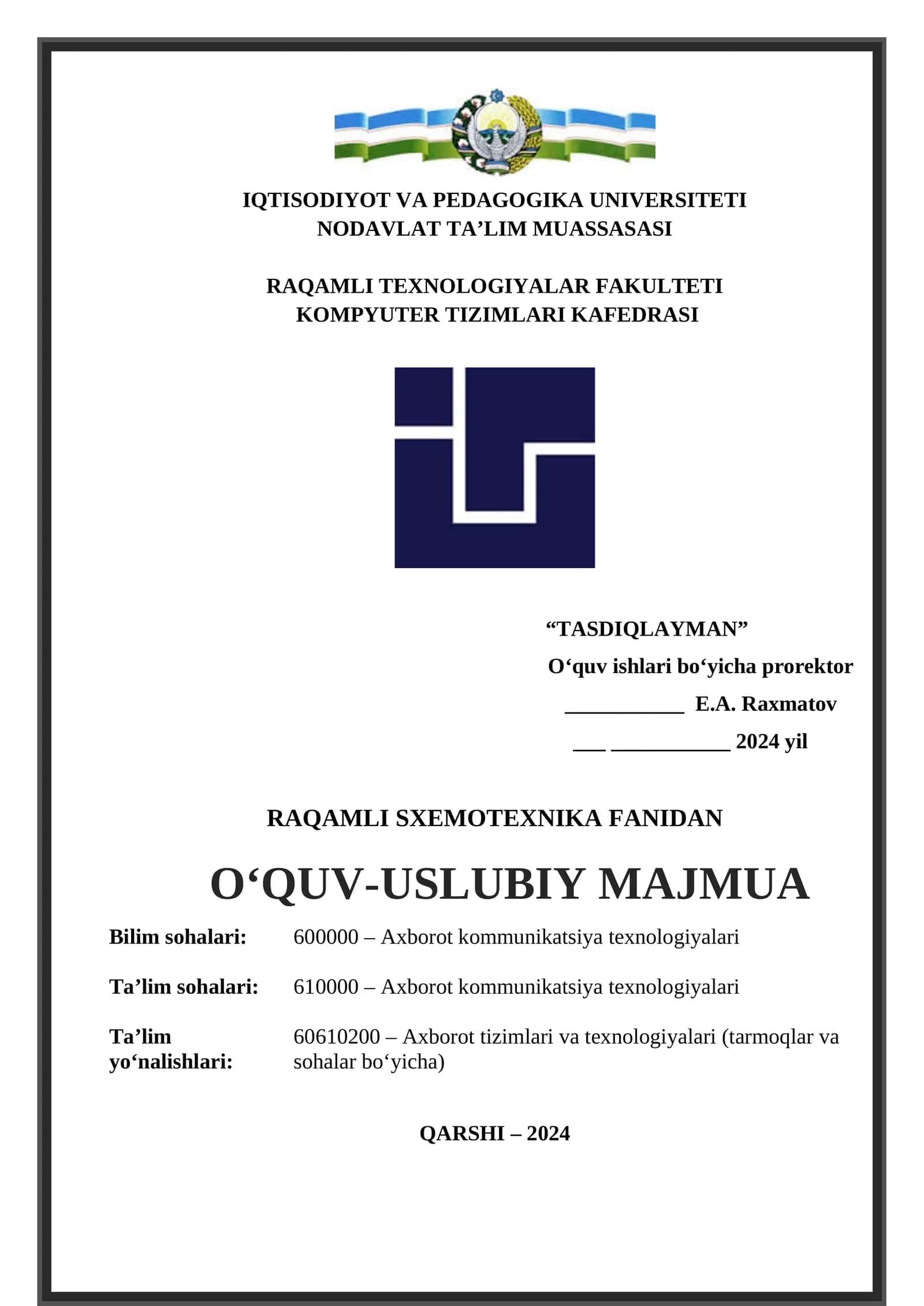 RAQAMLI SXEMOTEXNIKA FANIDAN OʻQUV-USLUBIY MAJMUA