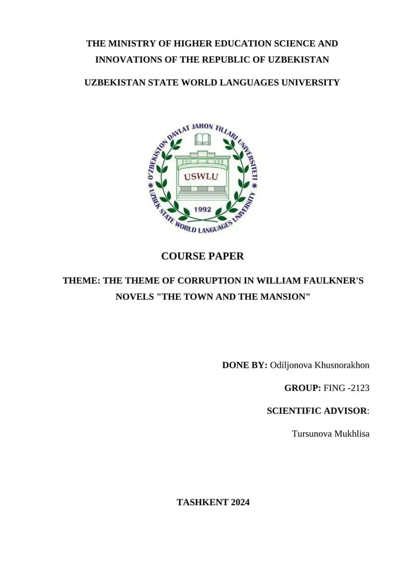 The theme of corruption in William Faulkner's novels "The Town and The Mansion"