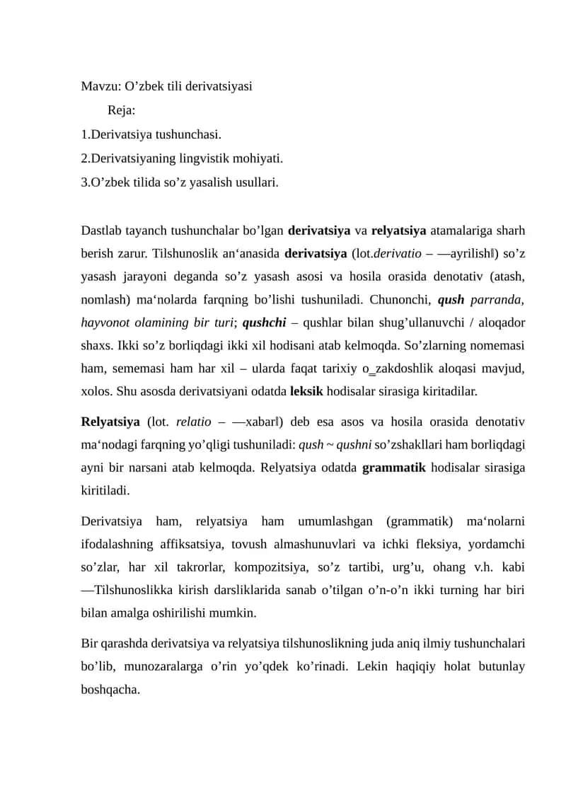 O’zbek tili derivatsiyasi