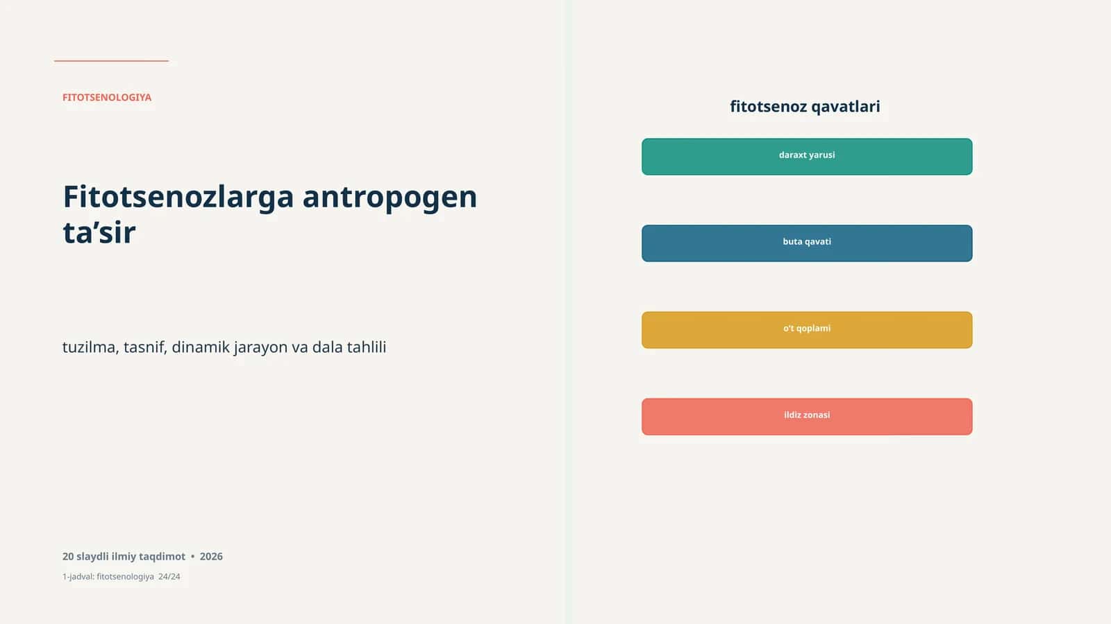 FITOTSENOLOGIYA Study of the structure, classification, dynamic processes, and data analysis in fitocenosis. Includes a scientific presentation with 20 slides