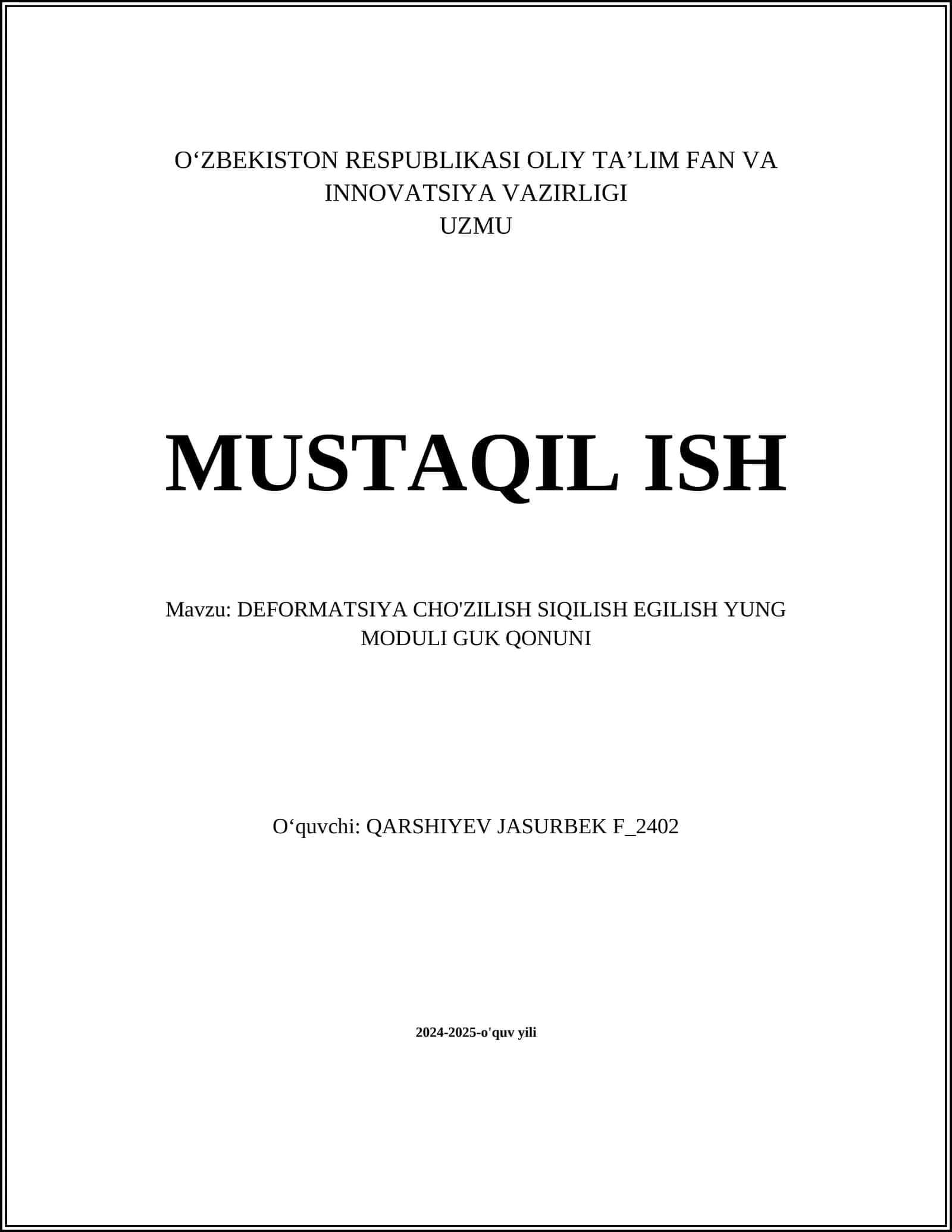 DEFORMATSIYA CHO'ZILISH SIQILISH EGILISH YUNG MODULI GUK QONUNI