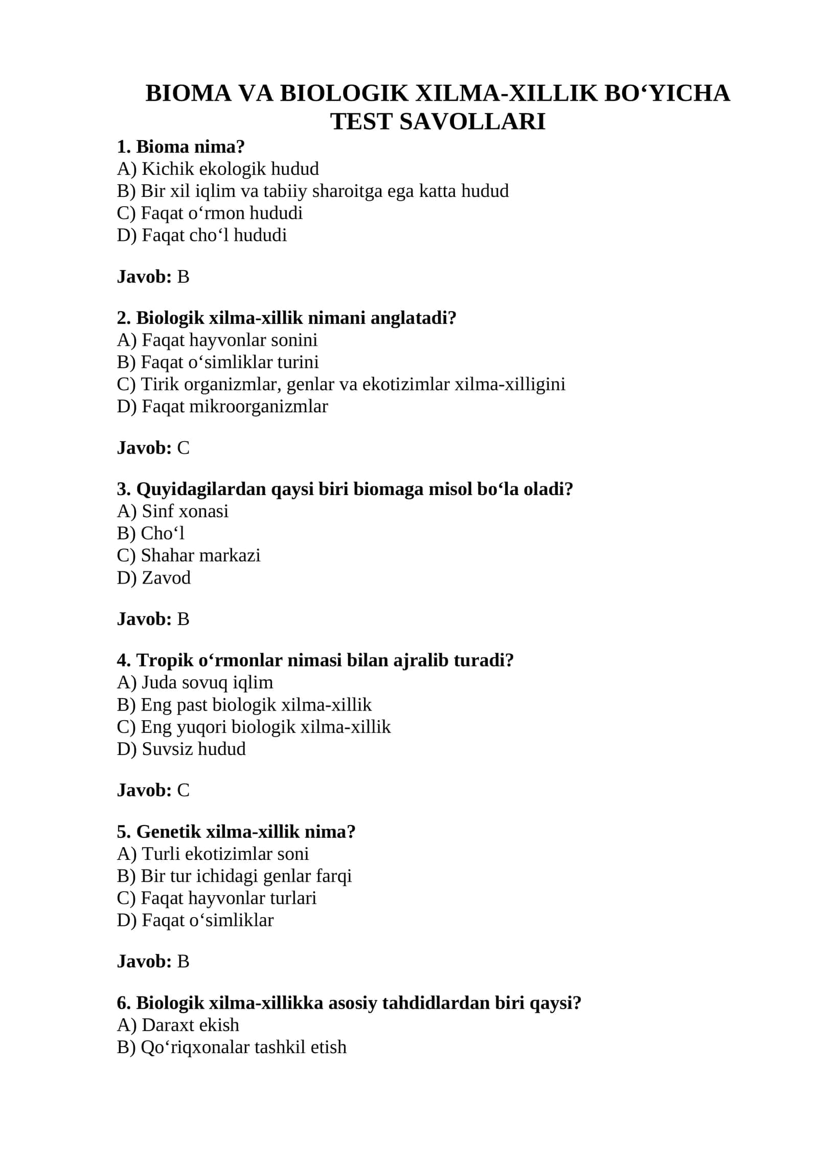 BIOMA VA BIOLOGIK XILMA-XILLIK BO‘YICHA TEST SAVOLLARI
