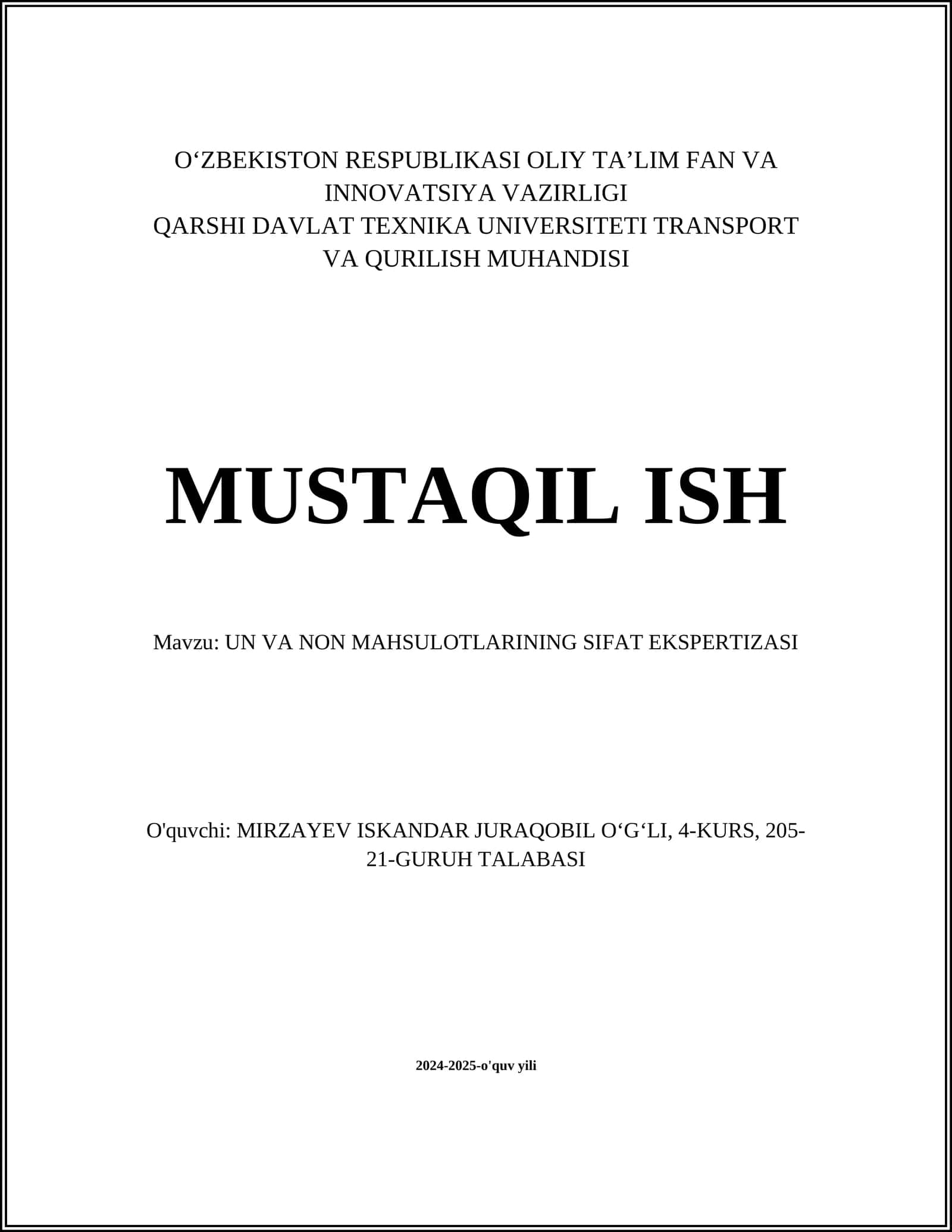 UN VA NON MAHSULOTLARINING SIFAT EKSPERTIZASI