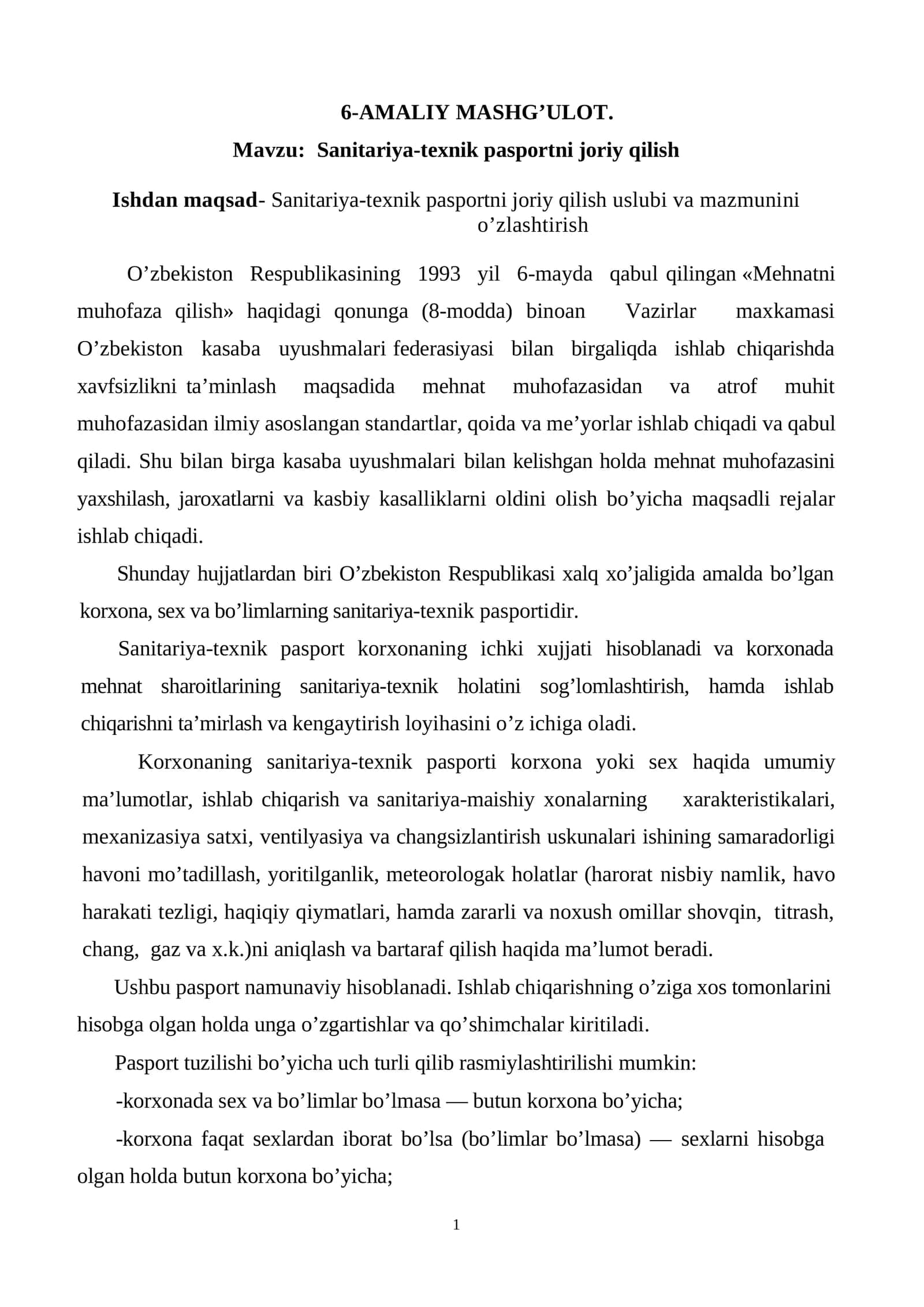Sanitariya-texnik pasportni joriy qilish