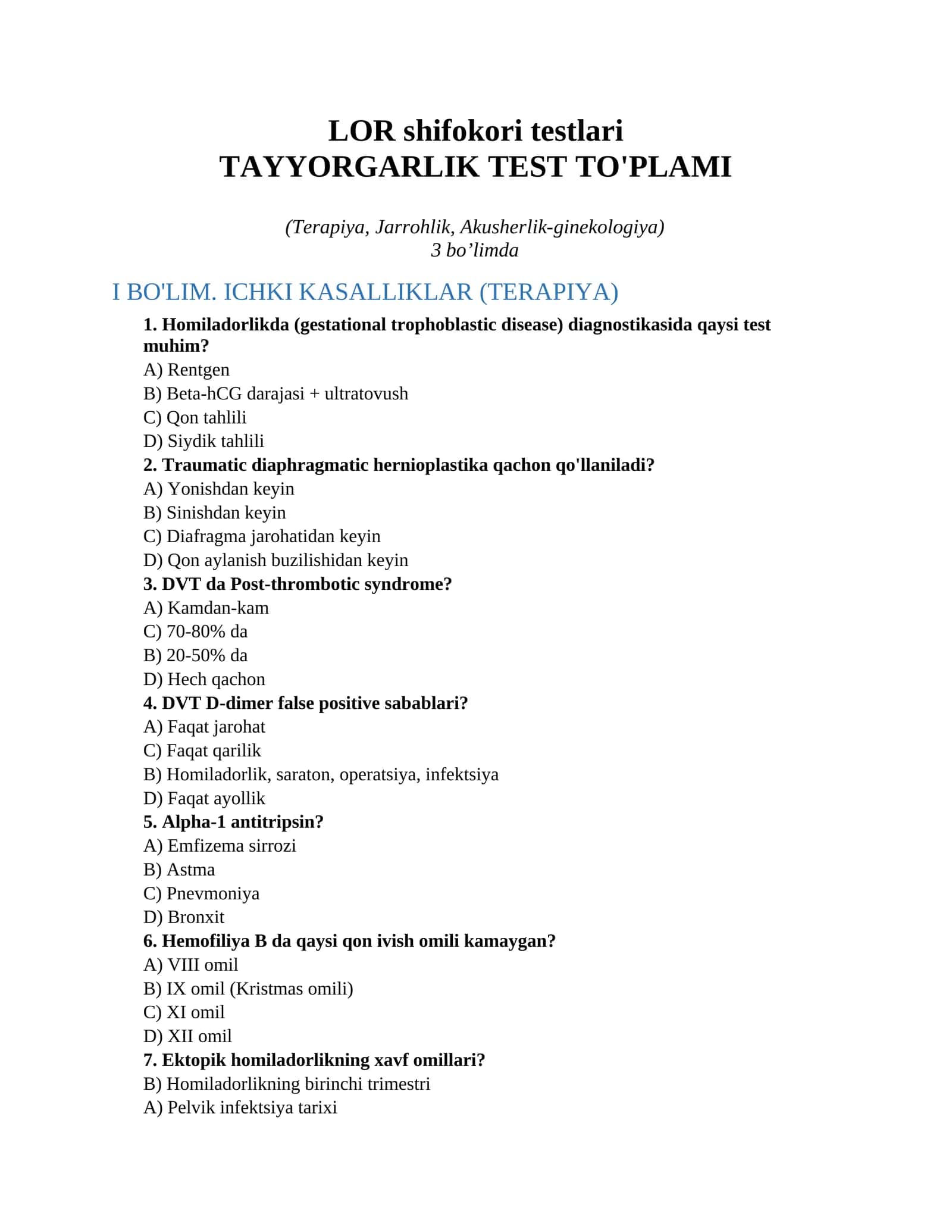 LOR shifokori testlari