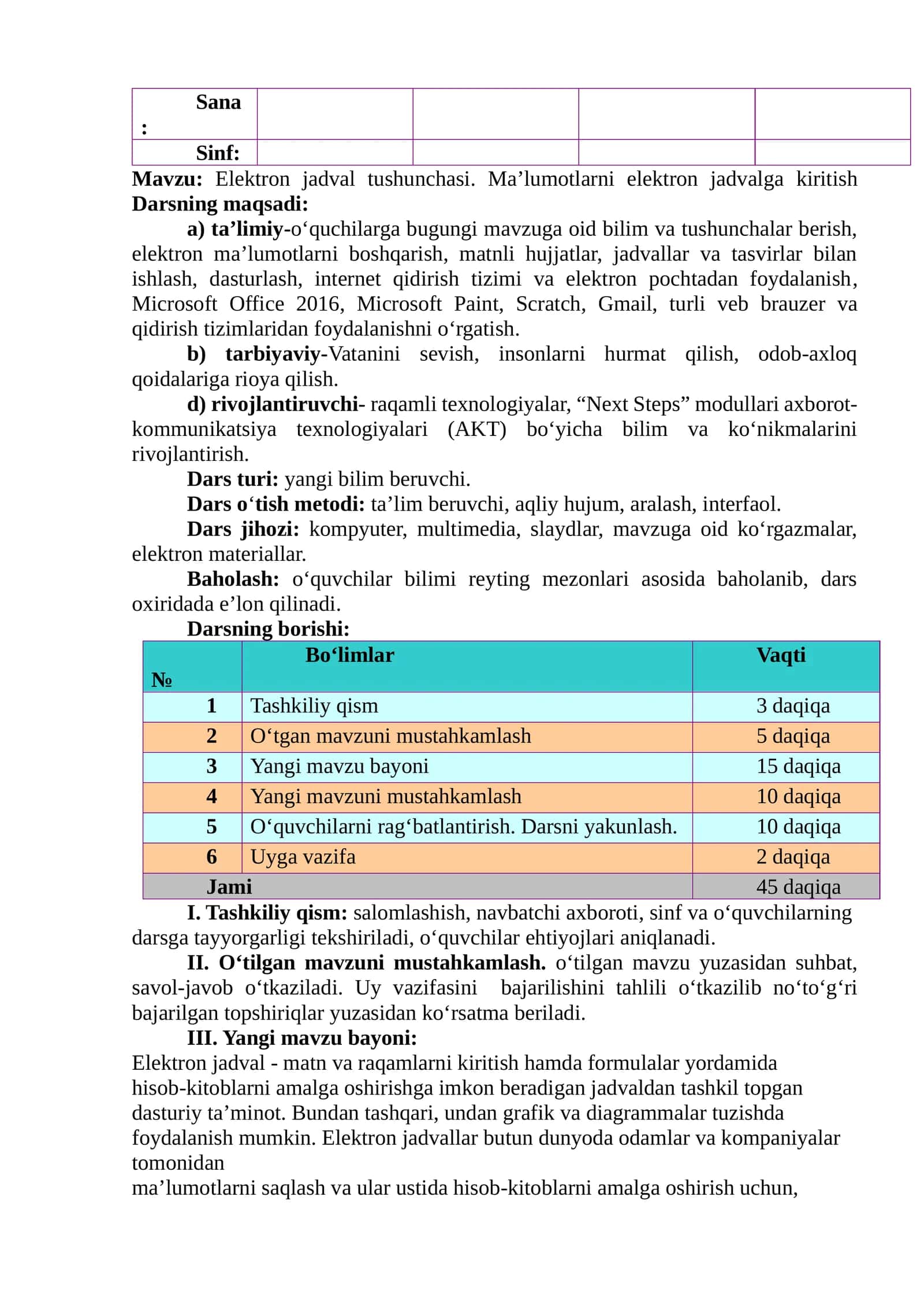 Elektron jadval tushunchasi