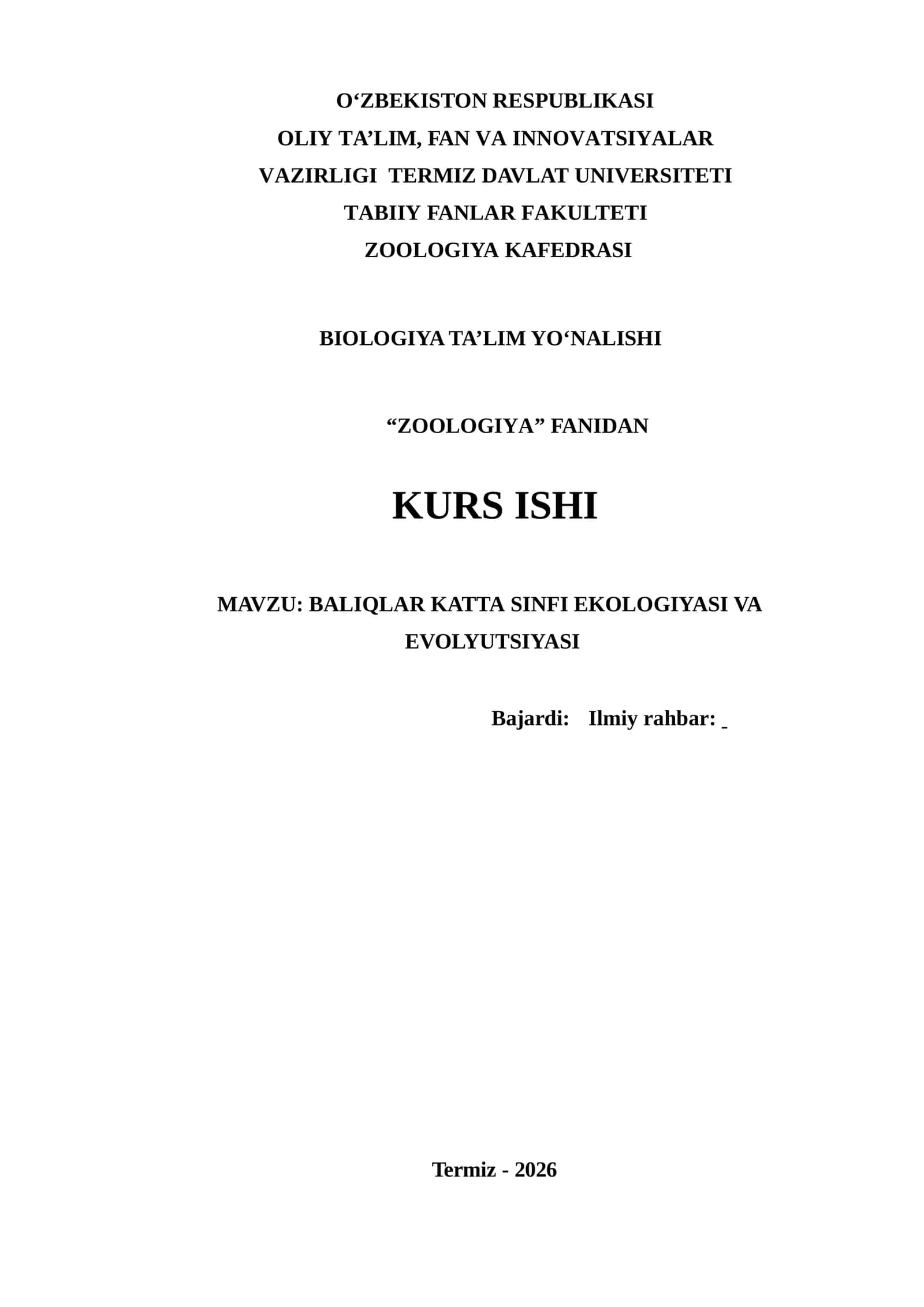 KURS ISHI BALIQLAR KATTA SINFI EKOLOGIYASI VA EVOLYUTSIYASI