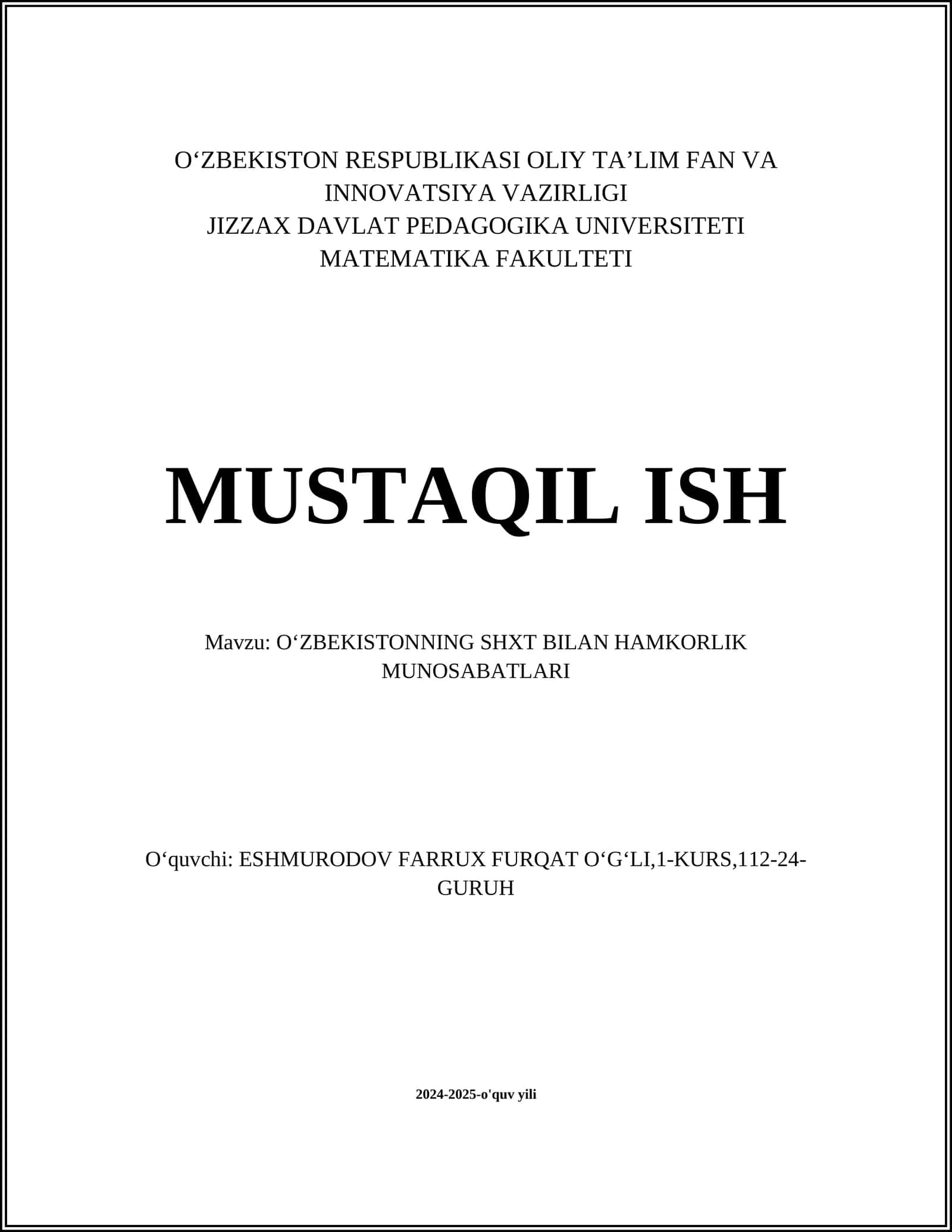 O‘ZBEKISTONNING SHXT BILAN HAMKORLIK MUNOSABATLARI