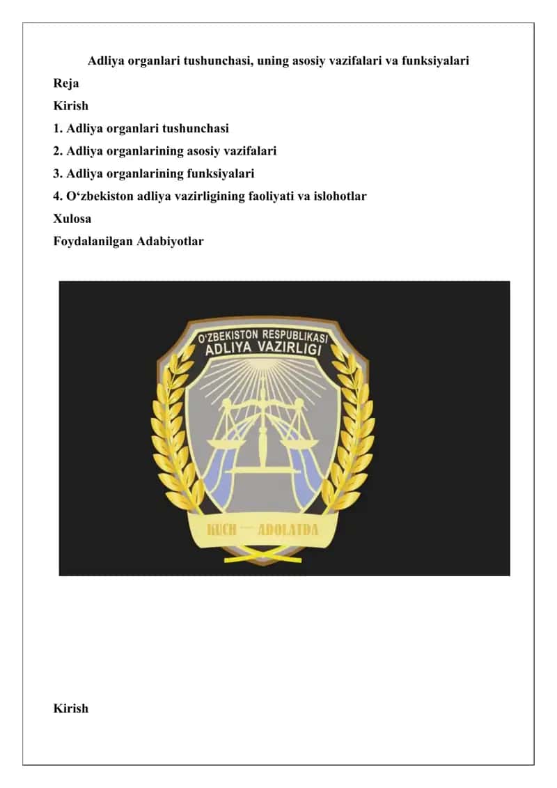 Adliya organlari tushunchasi, uning asosiy vazifalari va funksiyalari