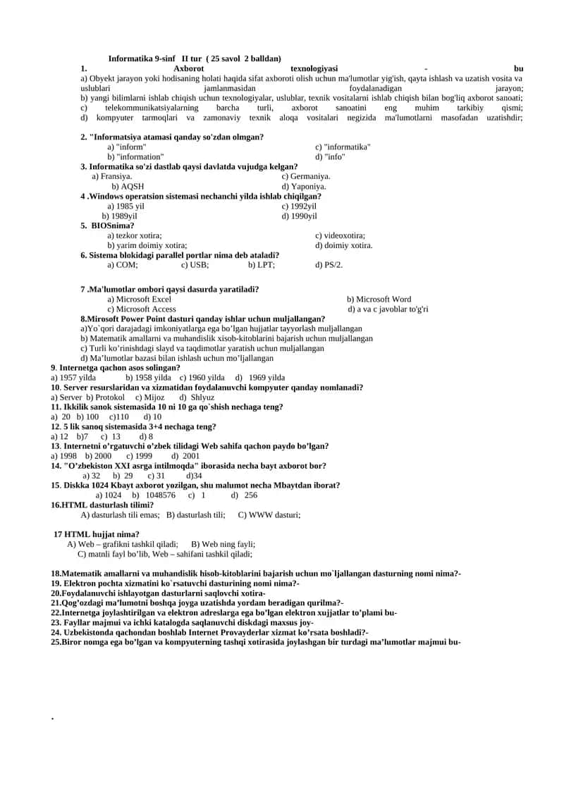 Informatika 9-sinf II tur ( 25 savol 2 balldan)