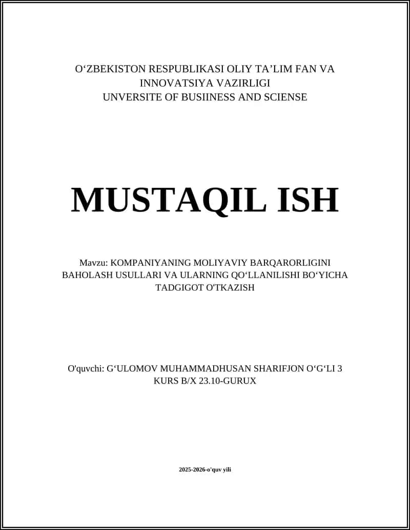 Moliyaviy Barqarorlikni Baholash Usullari