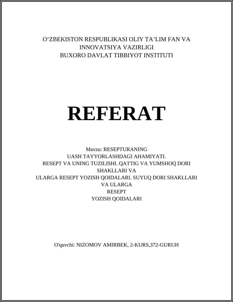 RESEPTURANING UASH TAYYORLASHDAGI AHAMIYATI
