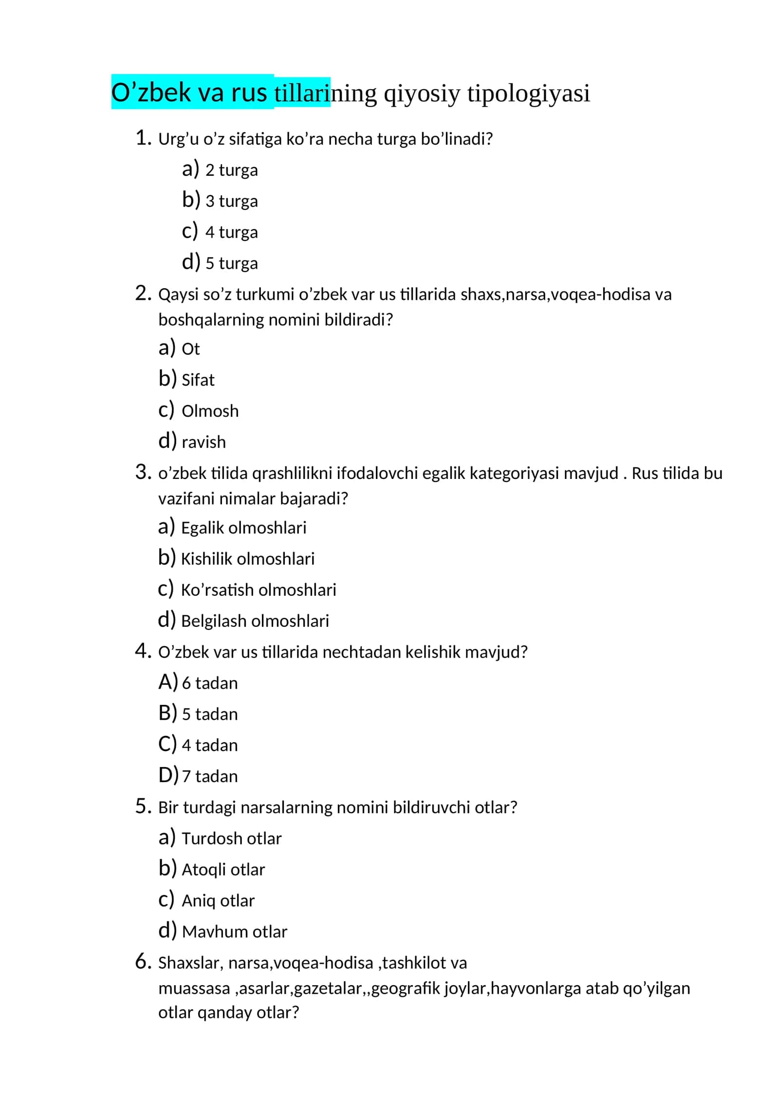 O’zbek va rus tillarining qiyosiy tipologiyasi