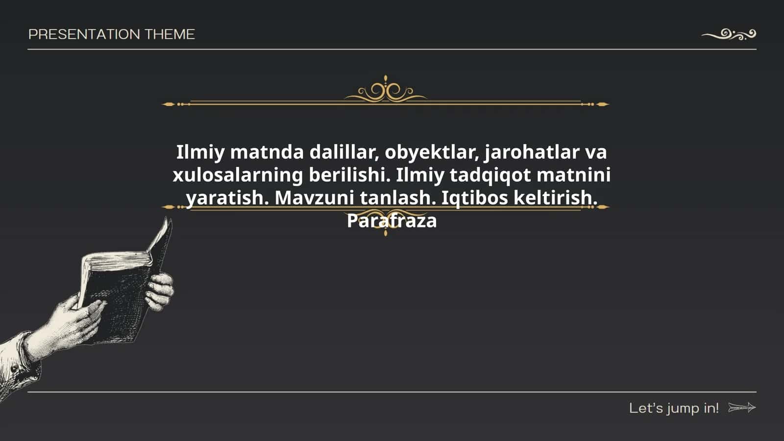Ilmiy matnda dalillar, obyektlar, jarohatlar va xulosalarning berilishi