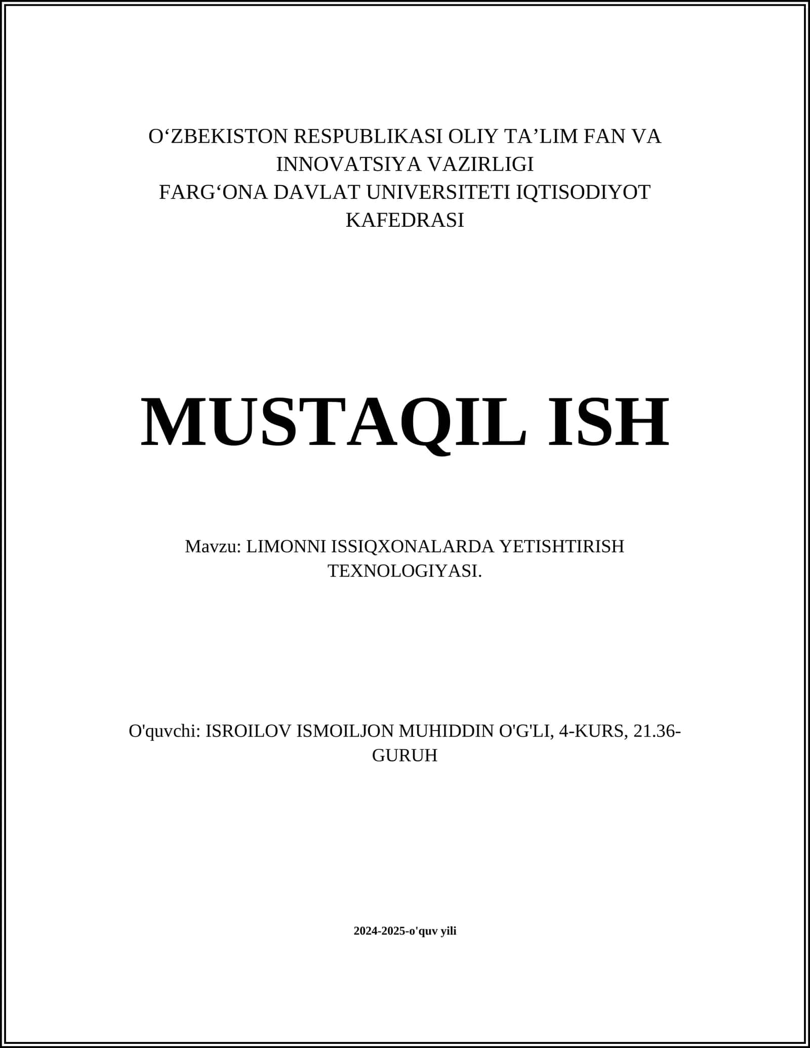LIMONNI ISSIQXONALARDA YETISHTIRISH TEXNOLOGIYASI