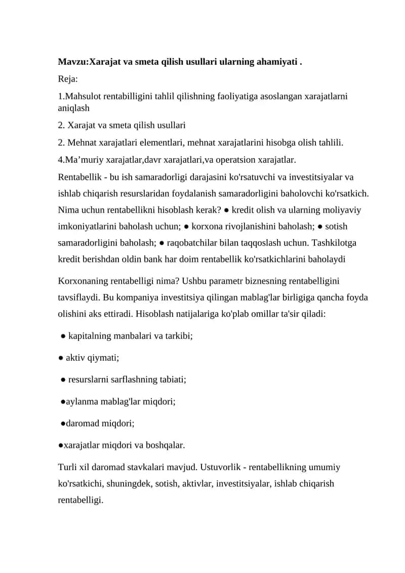 Xarajat va smeta qilish usullari ularning ahamiyati