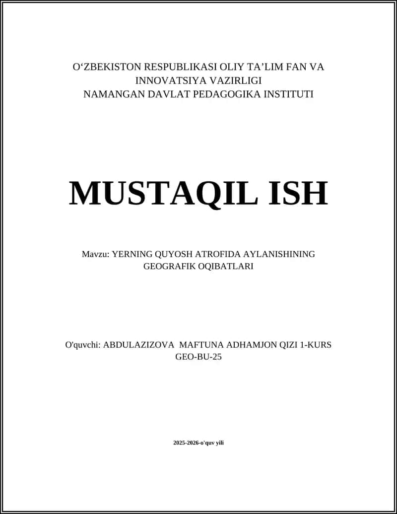 YERNING QUYOSH ATROFIDA AYLANISHINING GEOGRAFIK OQIBATLARI