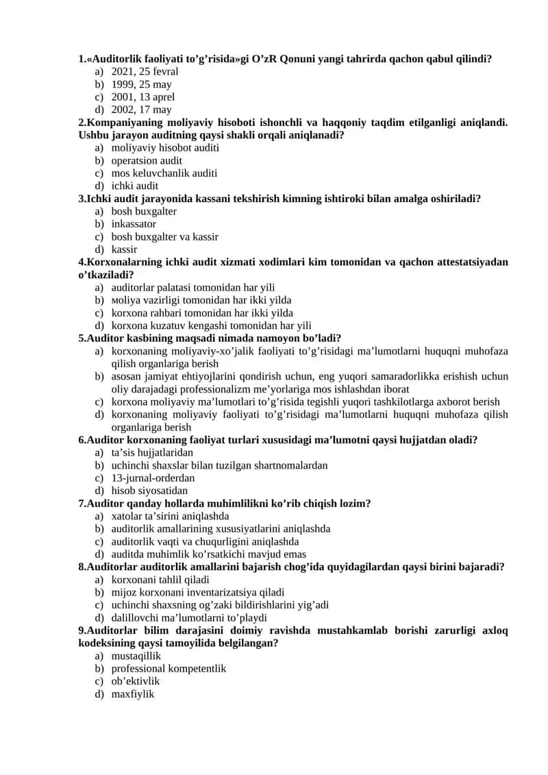 Auditorlik fanidan test savollari