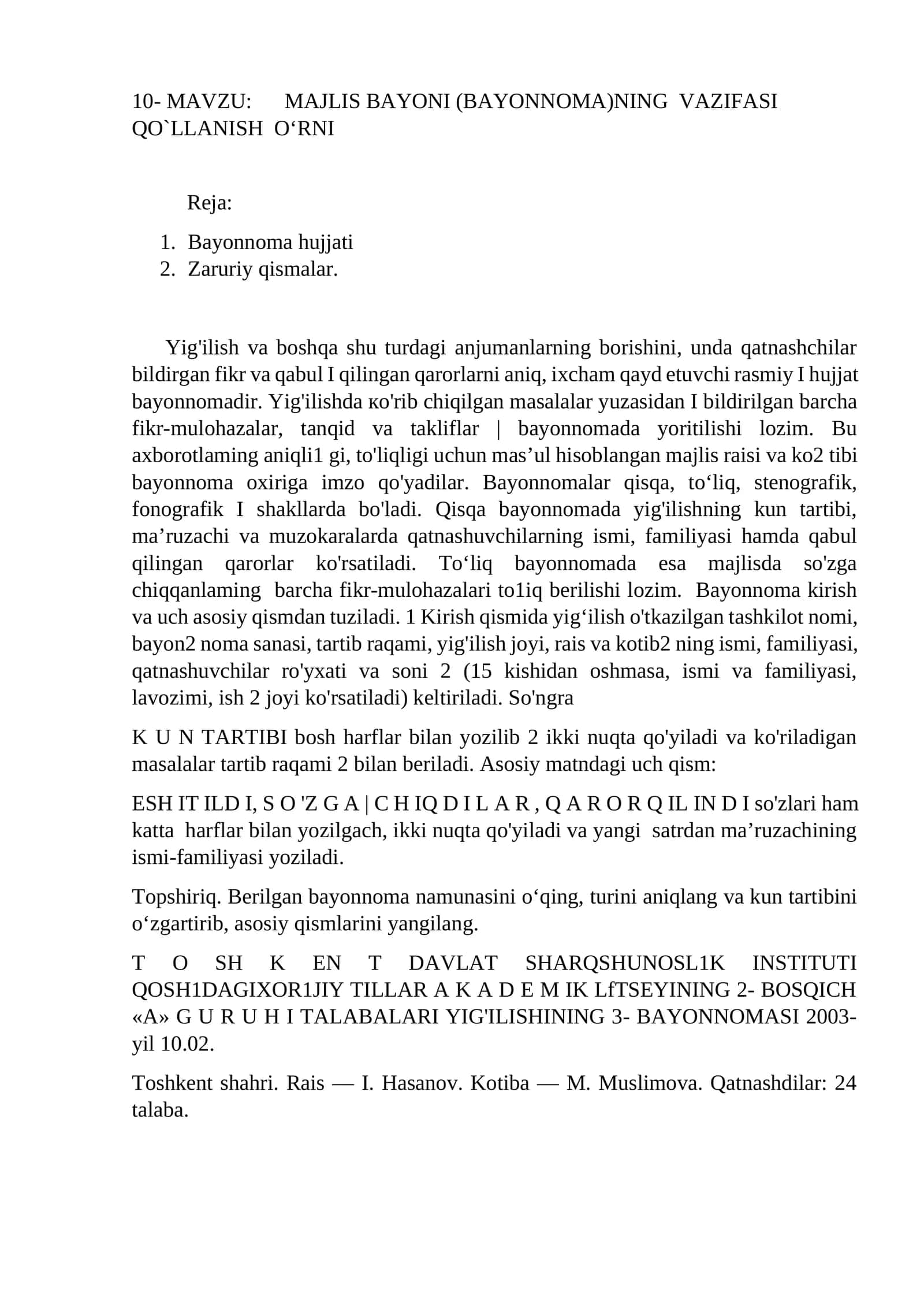 MAJLIS BAYONI (BAYONNOMA)NING VAZIFASI QO`LLANISH O‘RNI