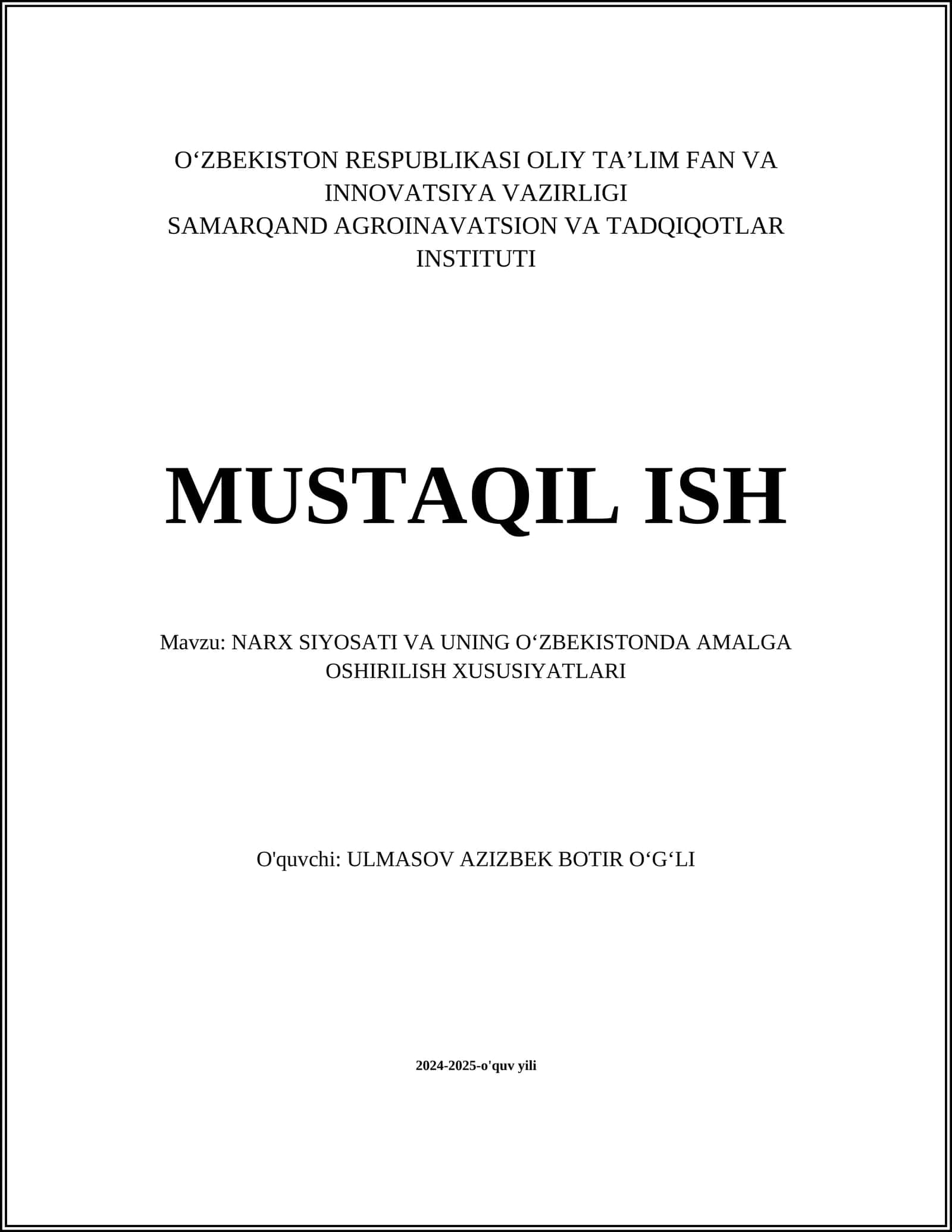 NARX SIYOSATI VA UNING OʻZBEKISTONDA AMALGA OSHIRILISH XUSUSIYATLARI
