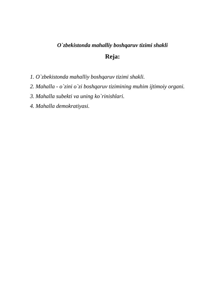 O`zbekistonda mahalliy boshqaruv tizimi shakli