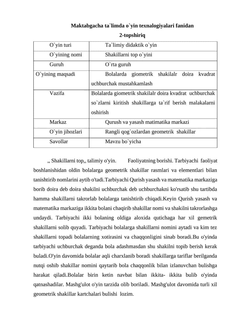Maktabgacha taʻlimda o'yin texnalogiyalari fanidan