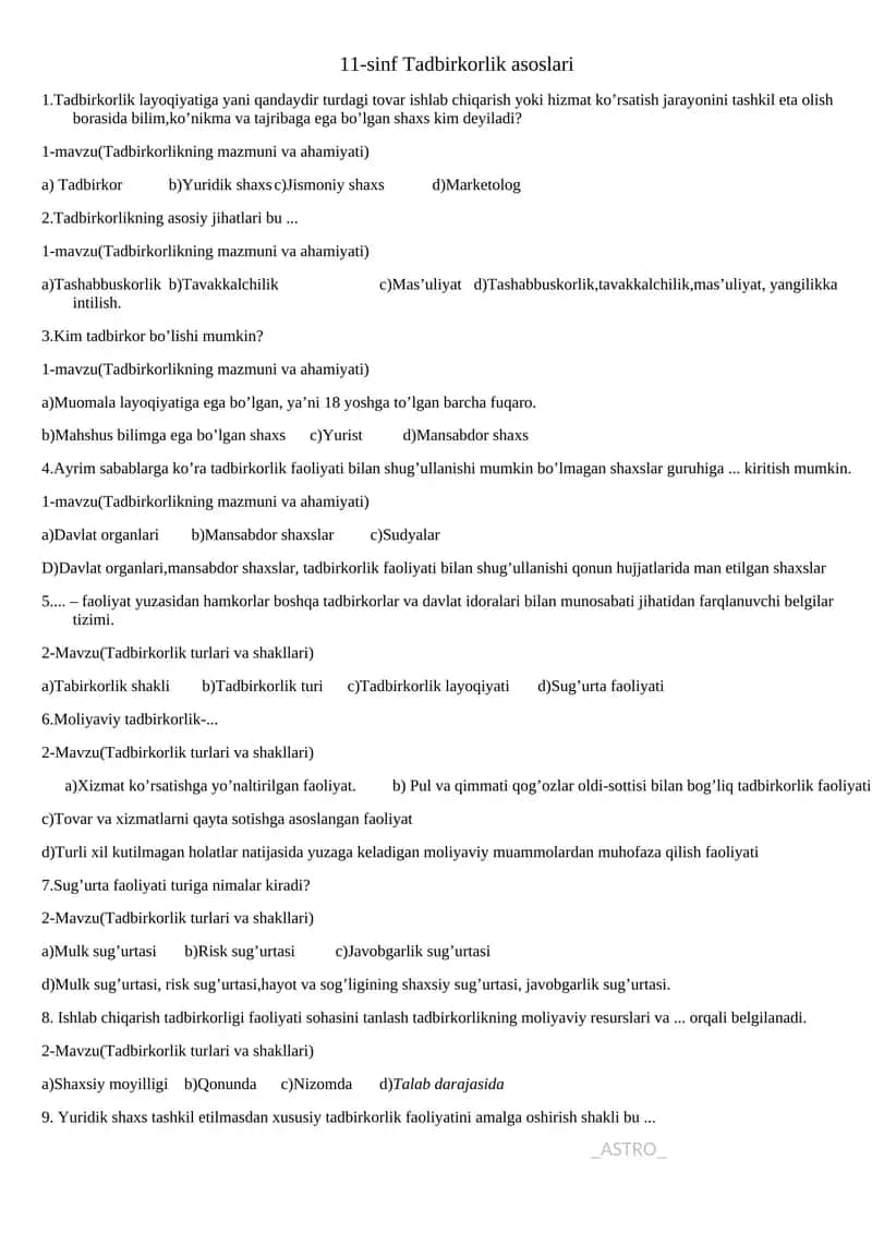 11-sinf Tadbirkorlik asoslari