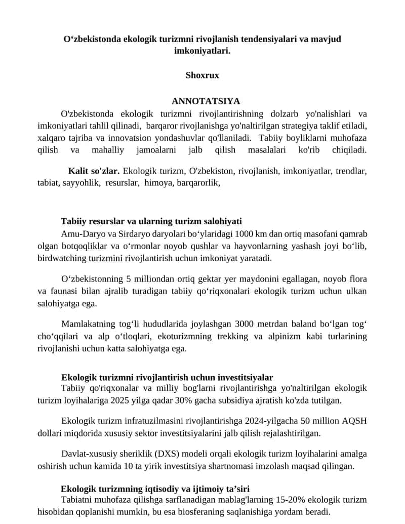 Ekologik turizmni rivojlanish tendensiyalari va mavjud imkoniyatlari
