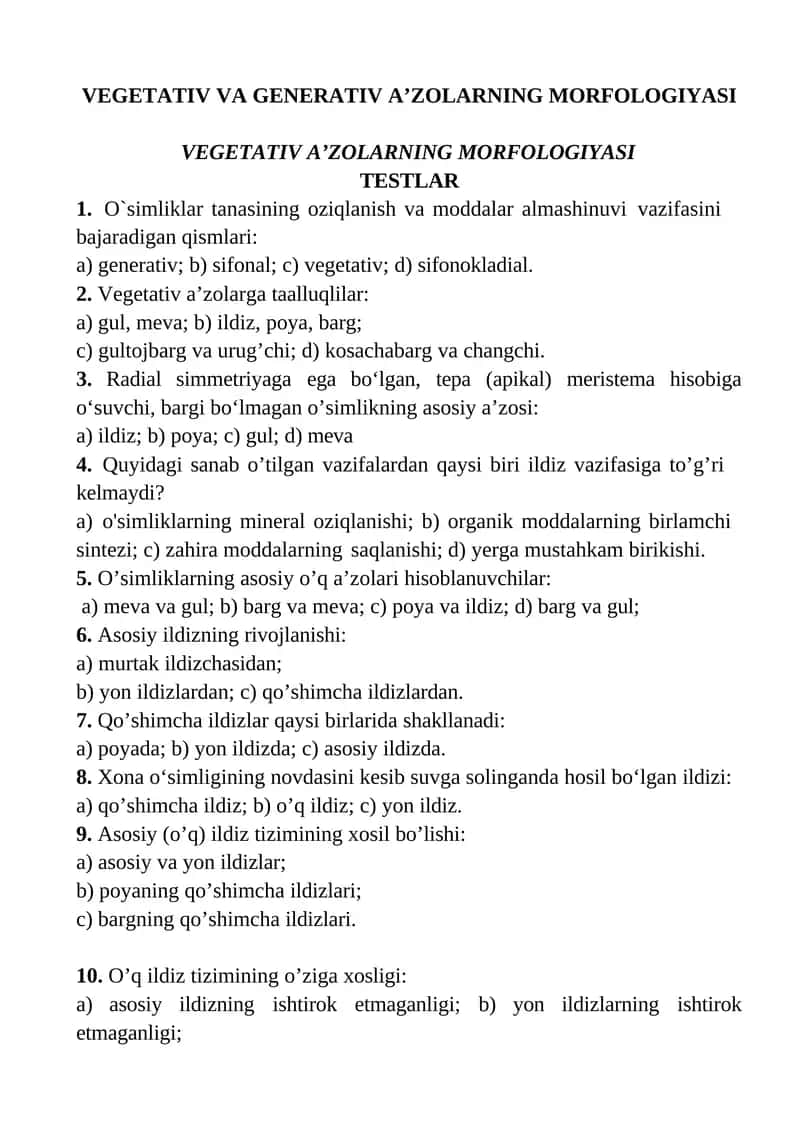 VEGETATIV VA GENERATIV A’ZOLARNING MORFOLOGIYASI