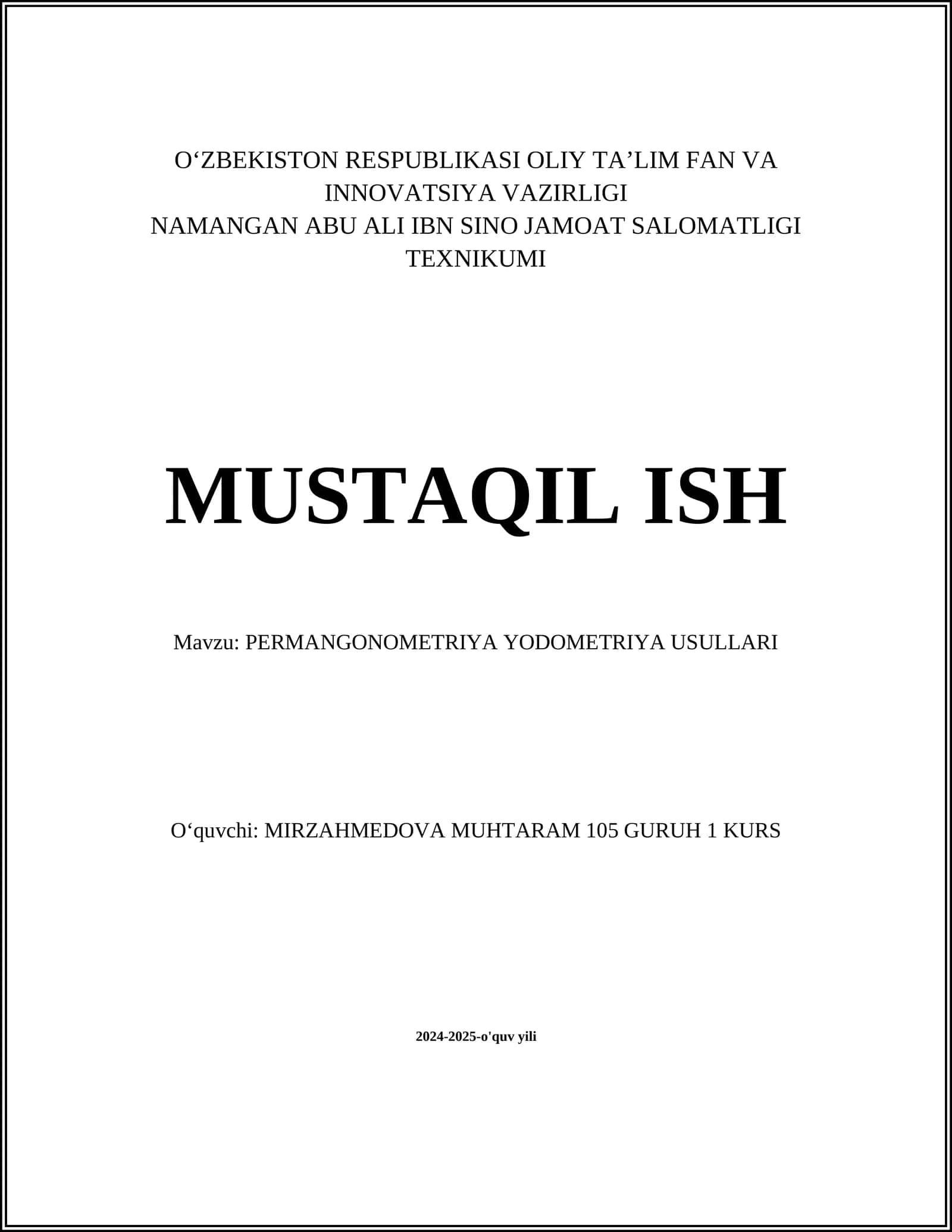 PERMANGONOMETRIYA YODOMETRIYA USULLARI