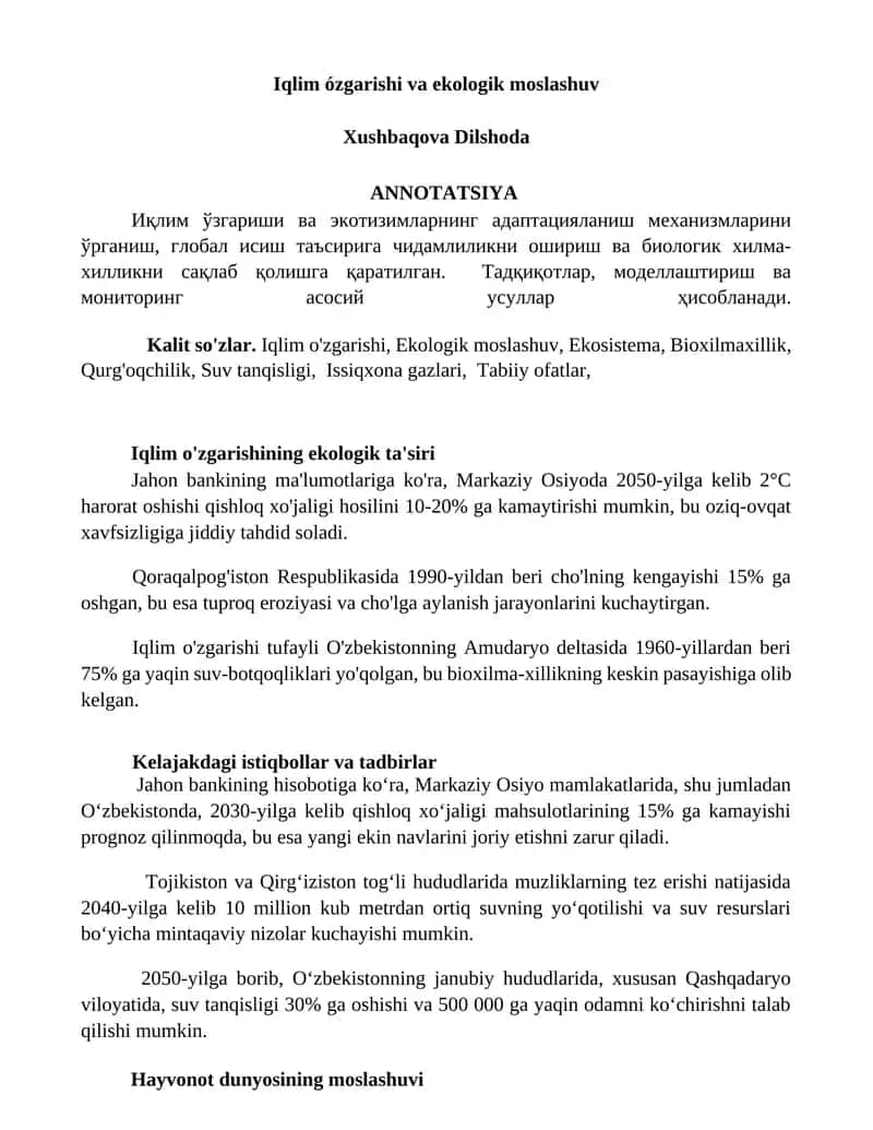 Iqlim ózgarishi va ekologik moslashuv