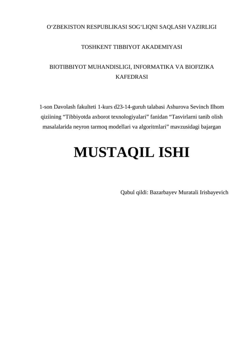 Tasvirlarni tanib olish masalalarida neyron tarmoq modellari va algoritmlari