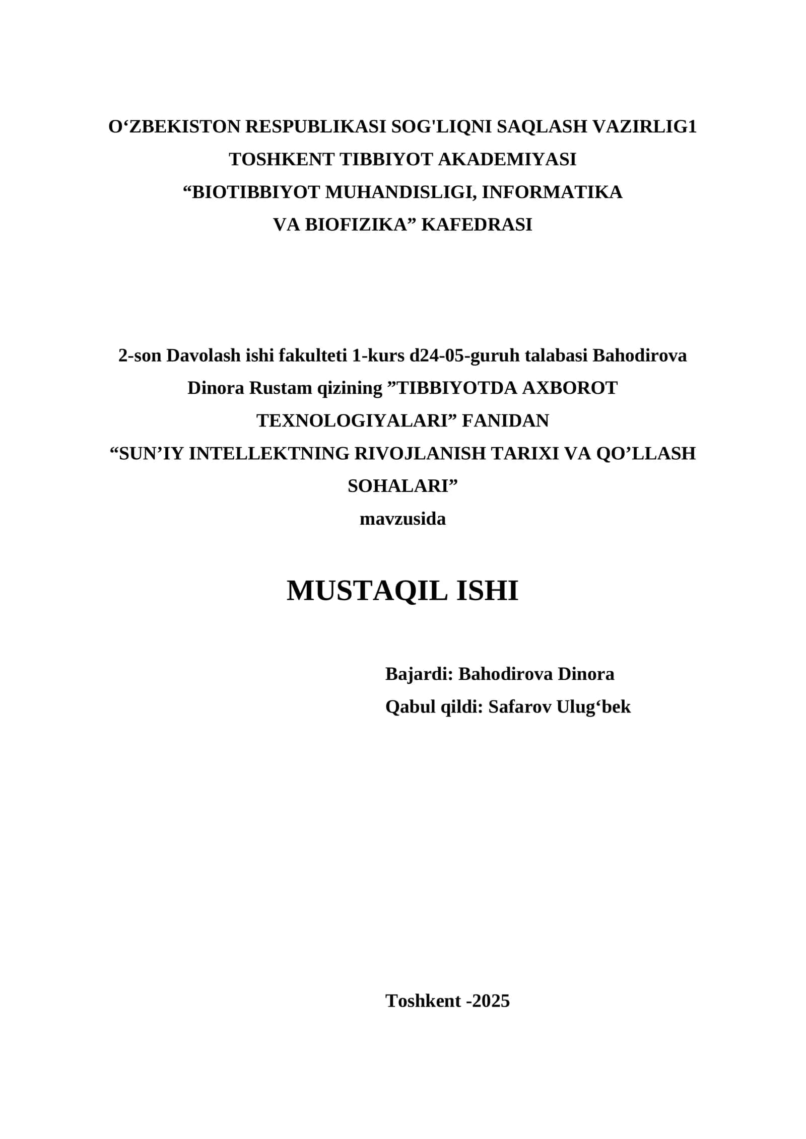 SUN’IY INTELLEKTNING RIVOJLANISH TARIXI VA QO’LLASH SOHALARI