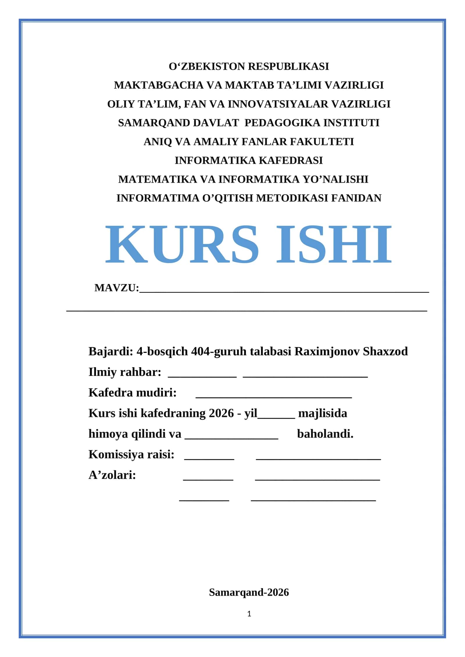 INFORMATIMA O’QITISH METODIKASI FANIDAN KURS ISHI