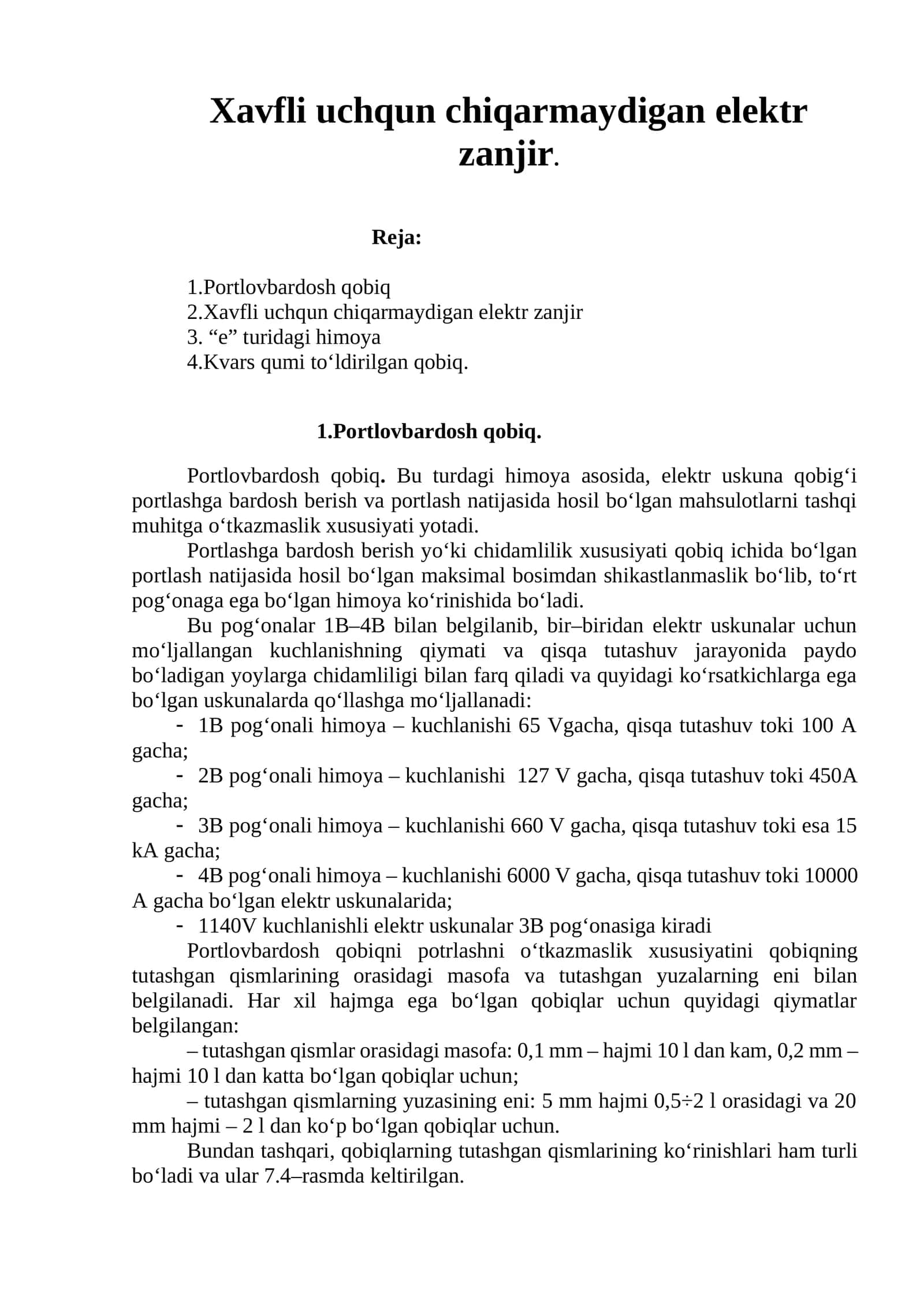 Xavfli uchqun chiqarmaydigan elektr zanjir