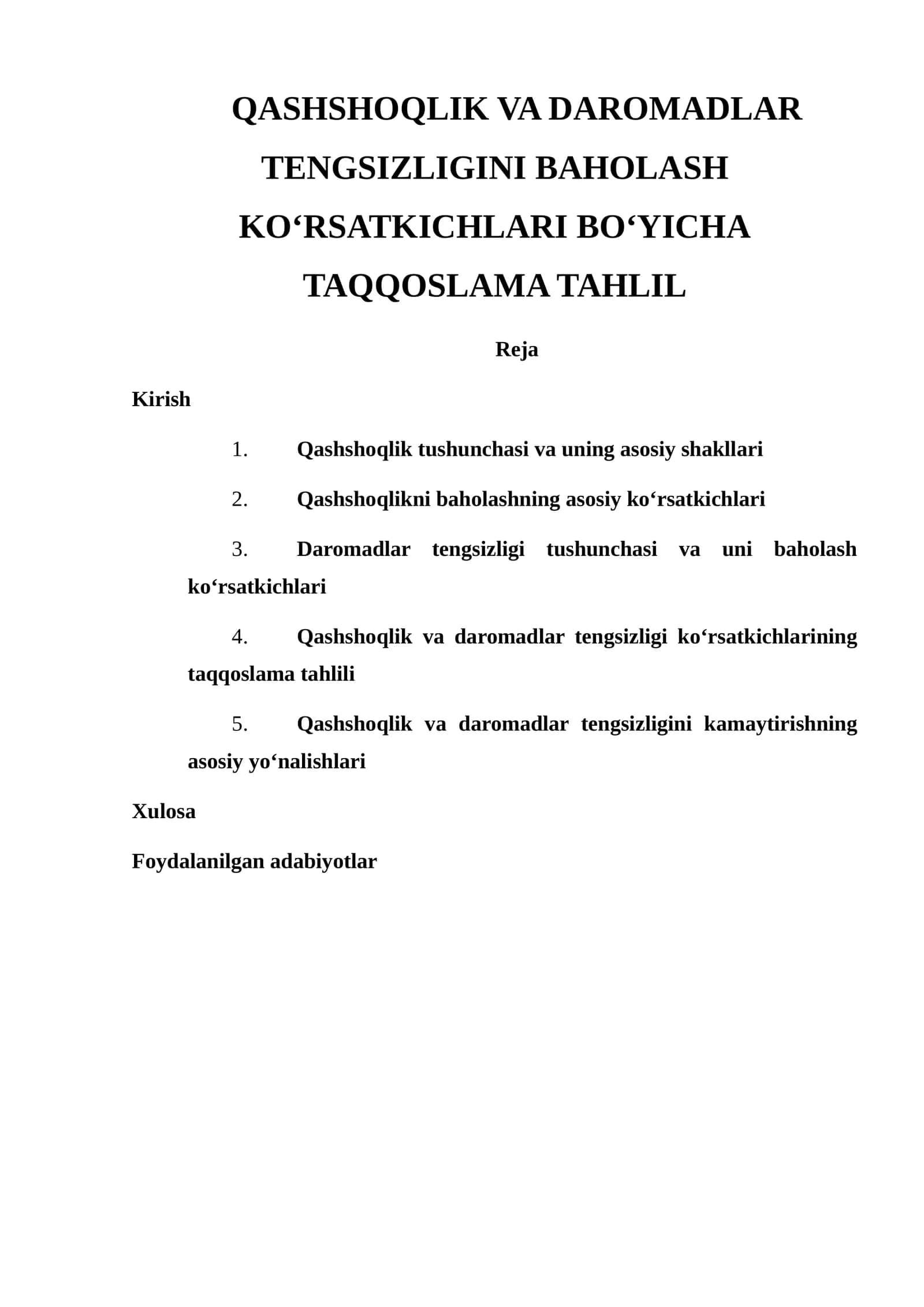 Qashshoqlik va Daromadlar Tengsizligini Baholash Ko‘rsatkichlari Bo‘yicha Taqqoslama Tahlil