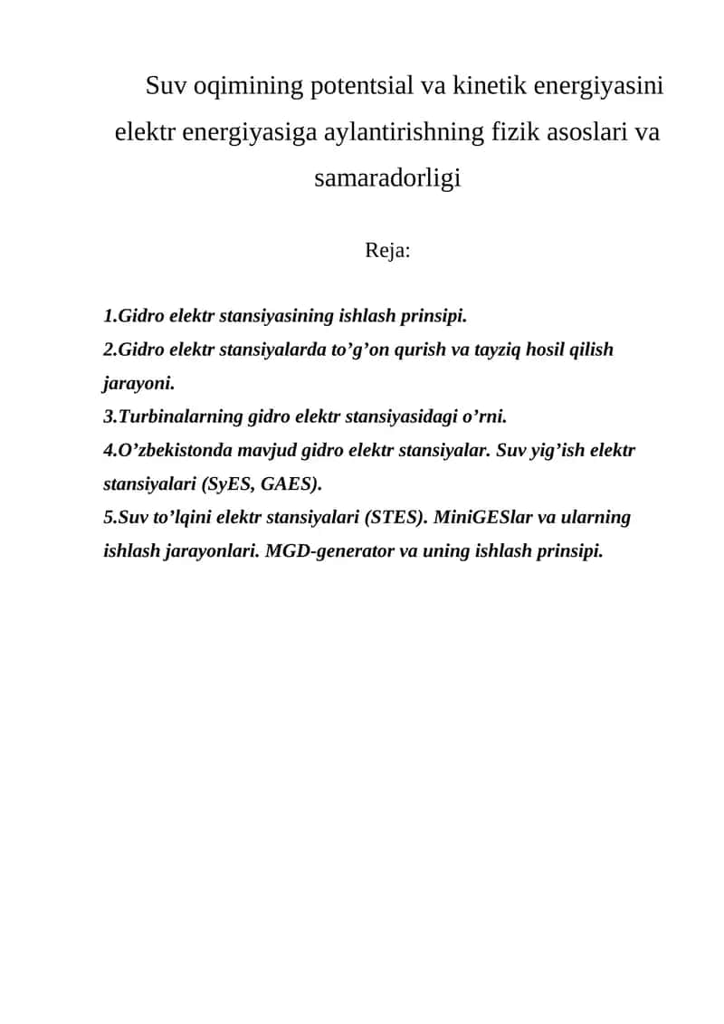 Gidro elektr stansiyasining ishlash prinsipi