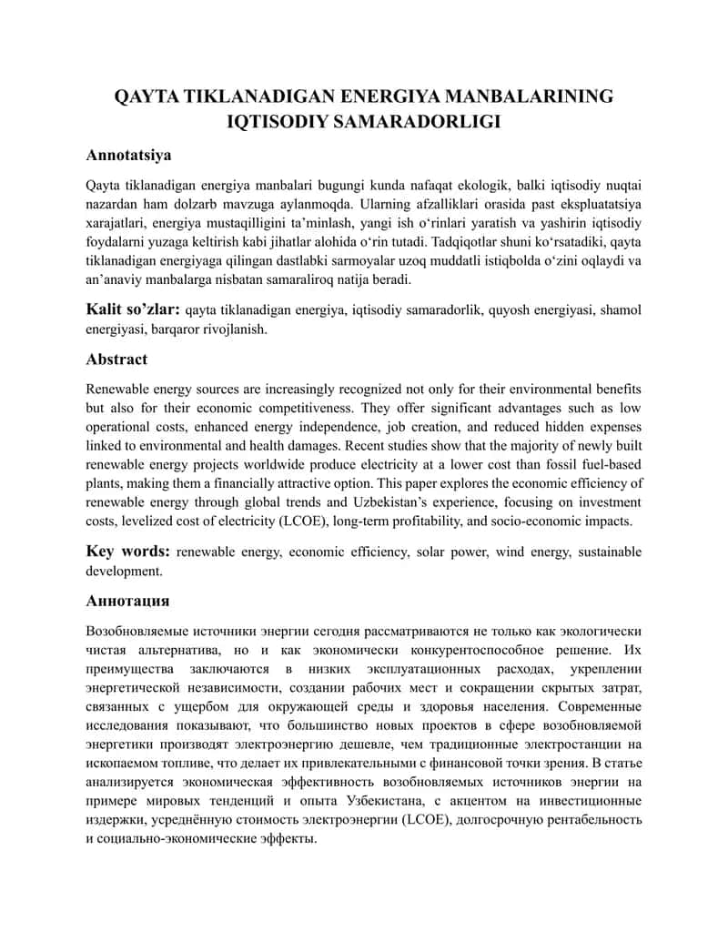 Qayta tiklanadigan energiya manbalarining iqtisodiy samaradorligi