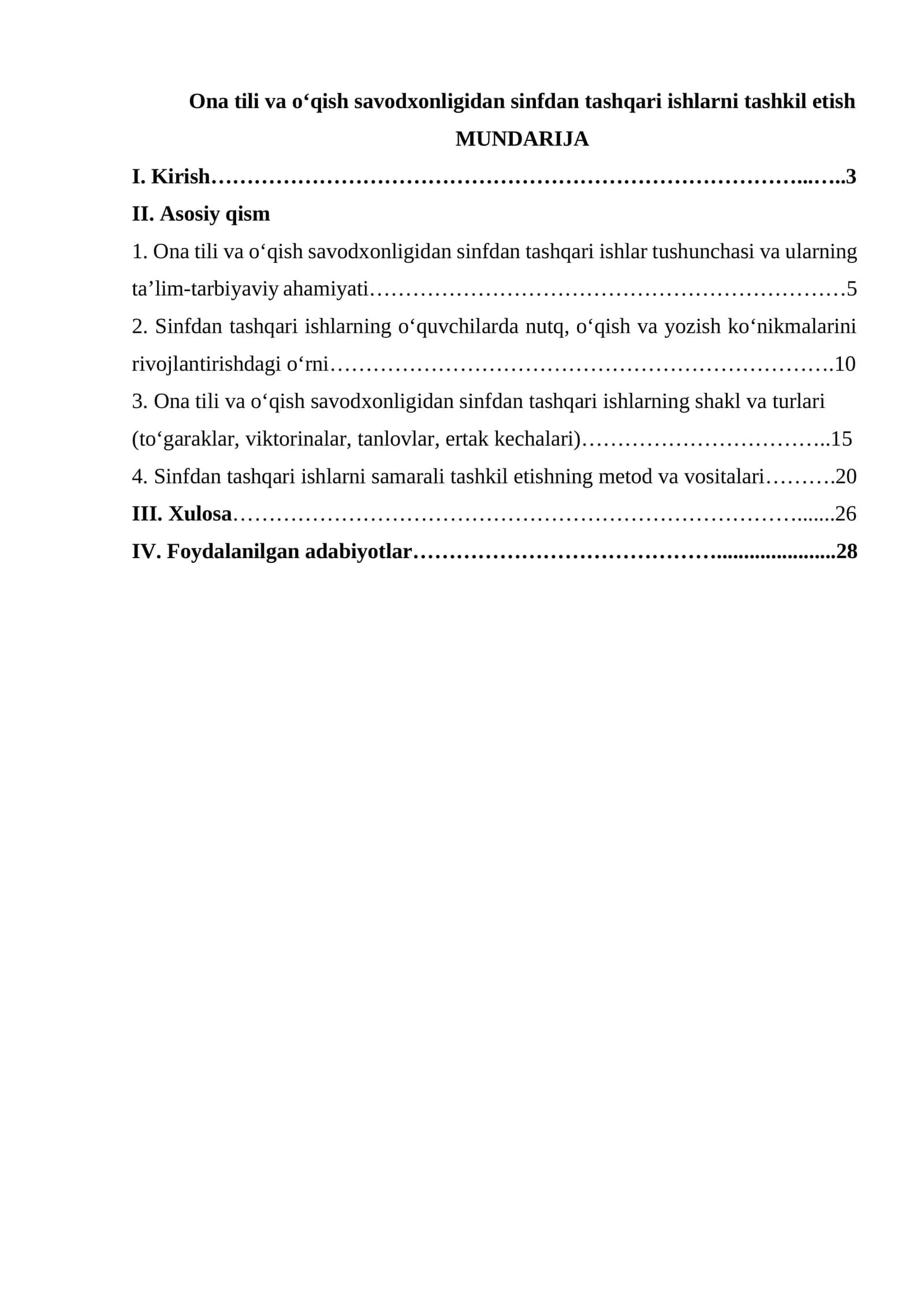 Ona tili va o‘qish savodxonligidan sinfdan tashqari ishlarni tashkil etish