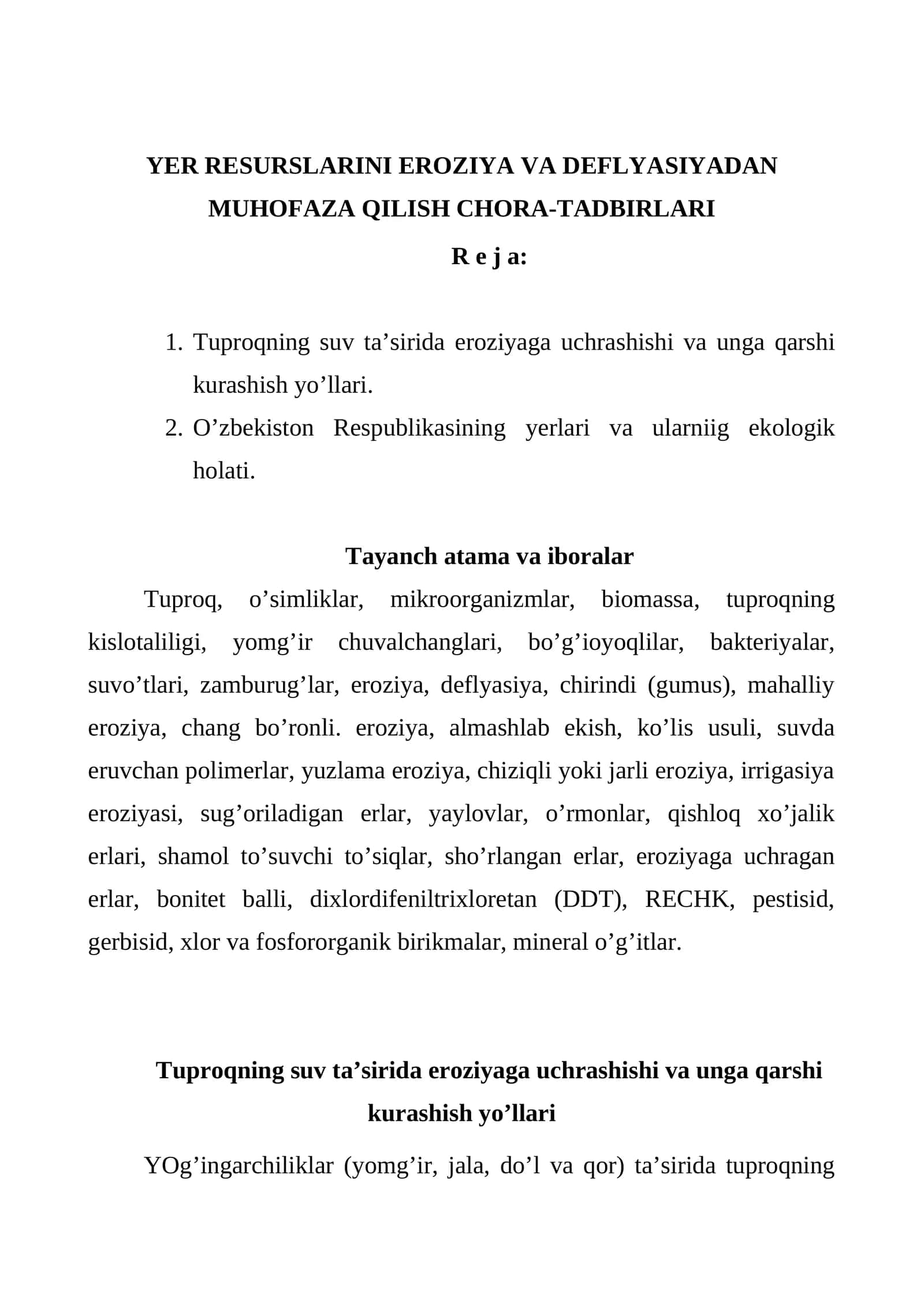 YER RESURSLARINI EROZIYA VA DEFLYASIYADAN MUHOFAZA QILISH CHORA-TADBIRLARI