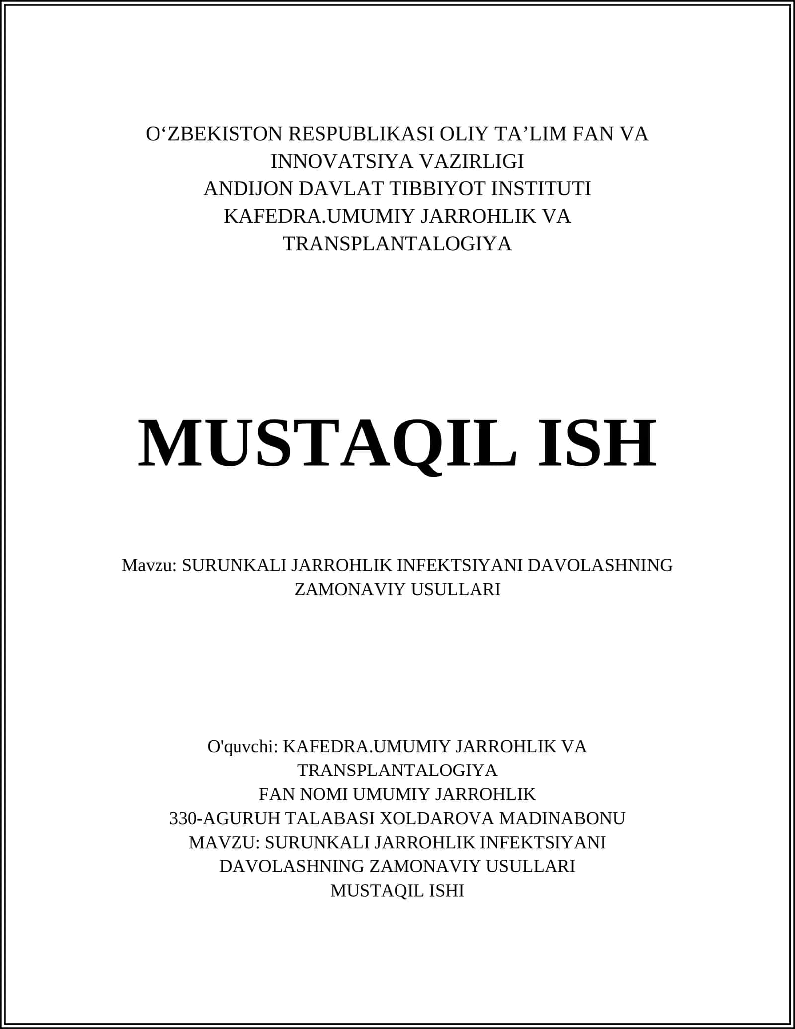 SURUNKALI JARROHLIK INFEKTSIYANI DAVOLASHNING ZAMONAVIY USULLARI