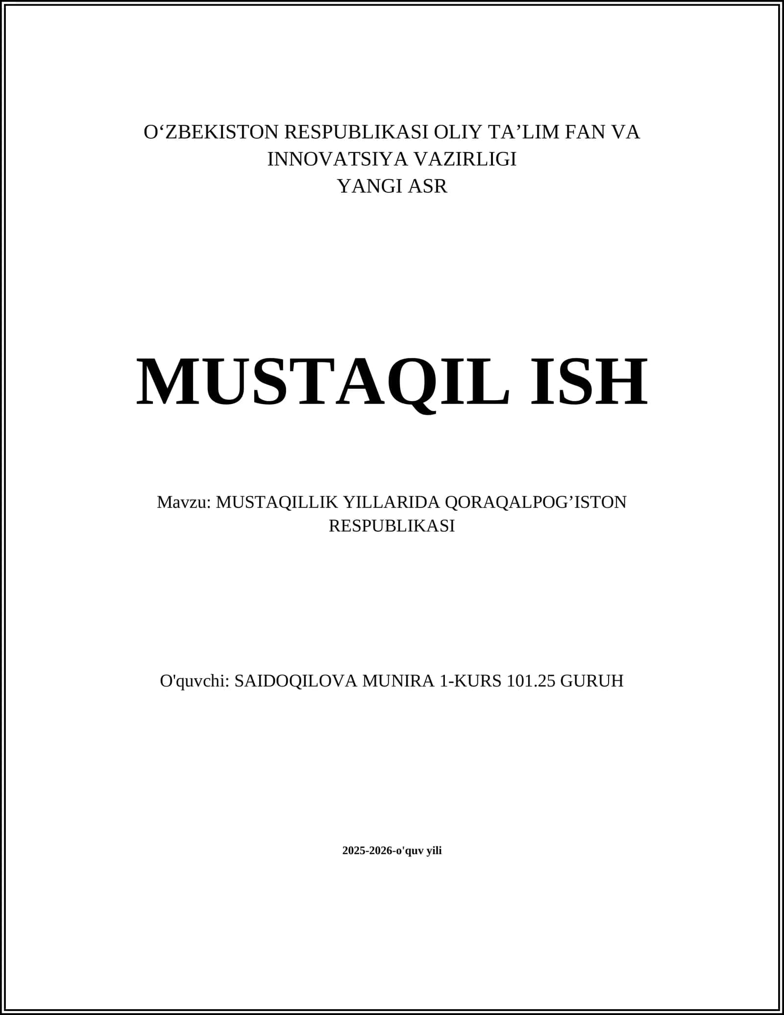 MUSTAQILLIK YILLARIDA QORAQALPOG’ISTON RESPUBLIKASI
