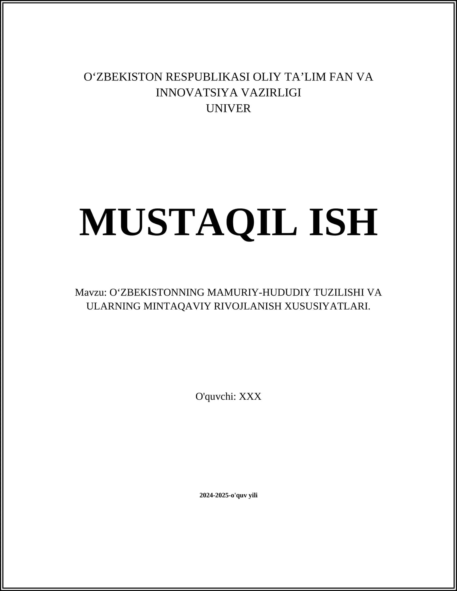 O‘ZBEKISTONNING MAMURIY-HUDUDIY TUZILISHI VA ULARNING MINTAQAVIY RIVOJLANISH XUSUSIYATLARI
