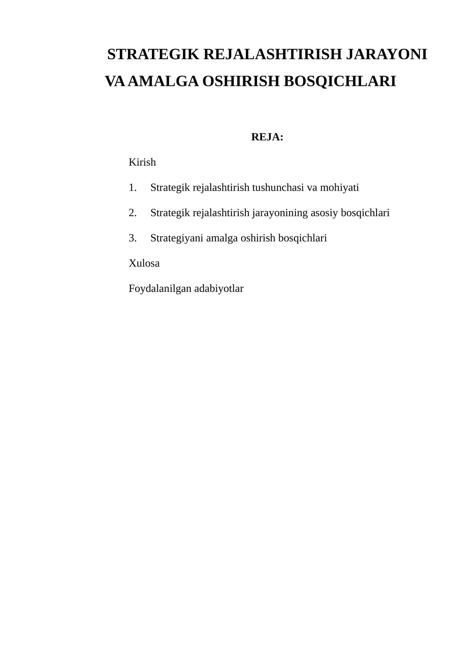 STRATEGIK REJALASHTIRISH JARAYONI VA AMALGA OSHIRISH BOSQICHLARI